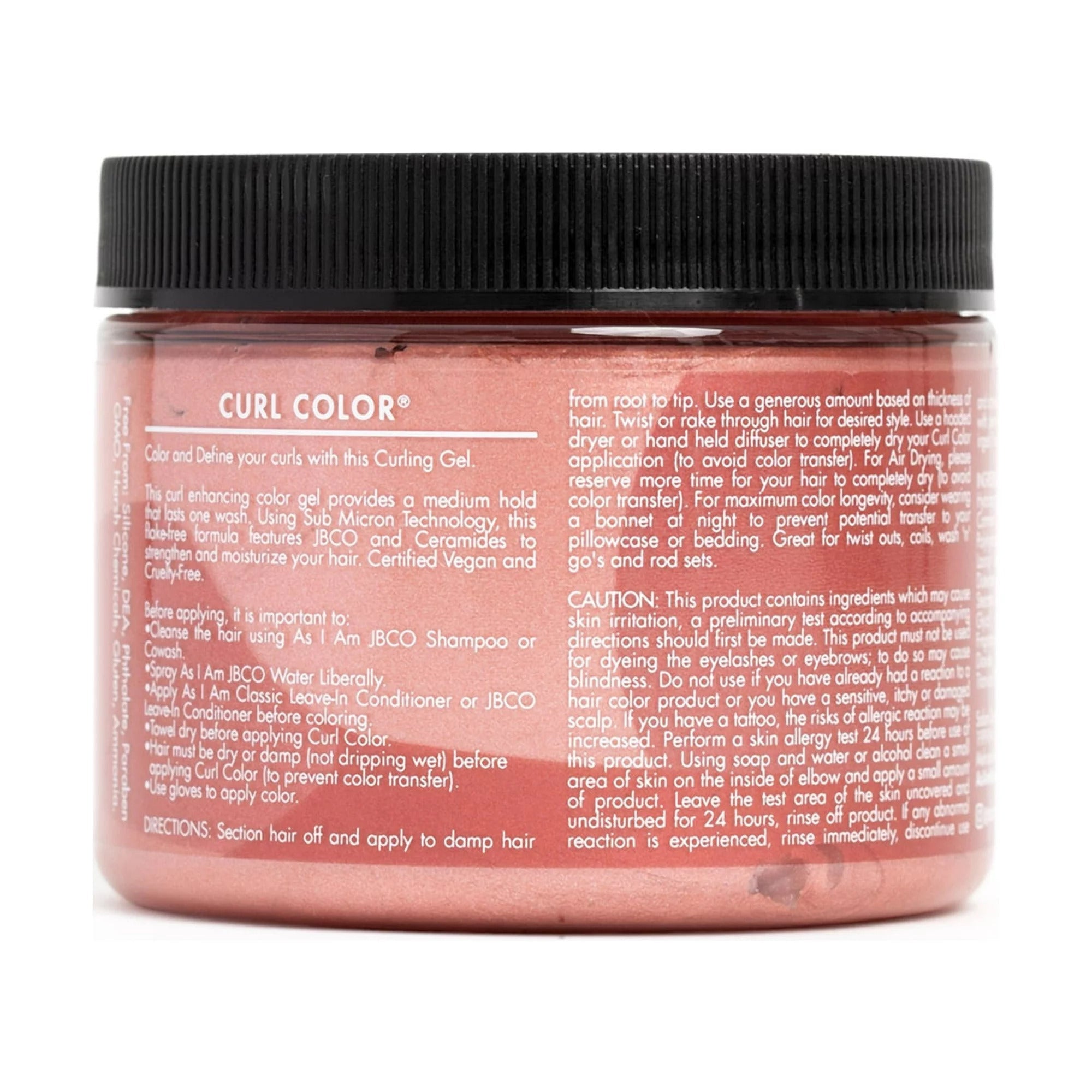 As I Am Curl Color Temporary Color Gel i farven Rose Gold (182g): Billedet viser bagsiden af krukken med detaljeret information om brugsanvisning, ingredienser og advarsler.