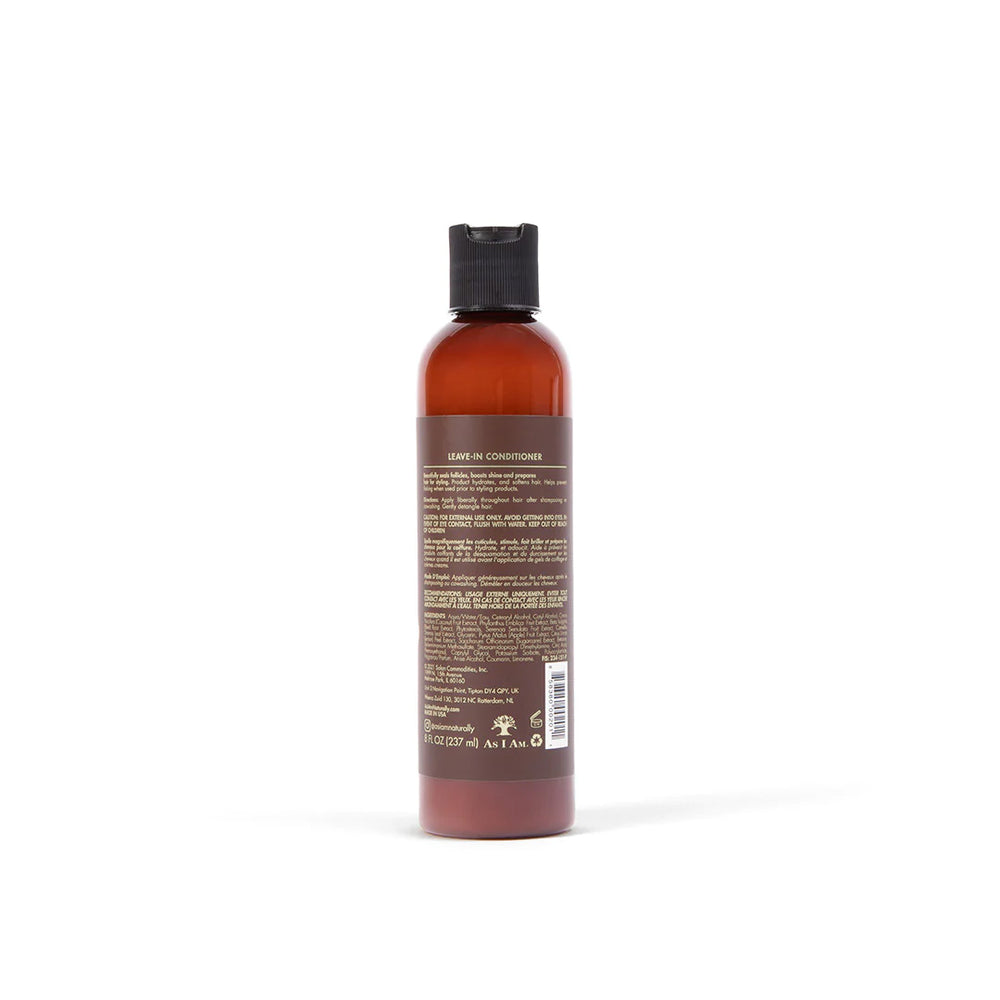 Bagsiden af en flaske As I Am Classic Leave-In Conditioner (237 ml) med produktbeskrivelse, brugsanvisning og ingrediensliste.