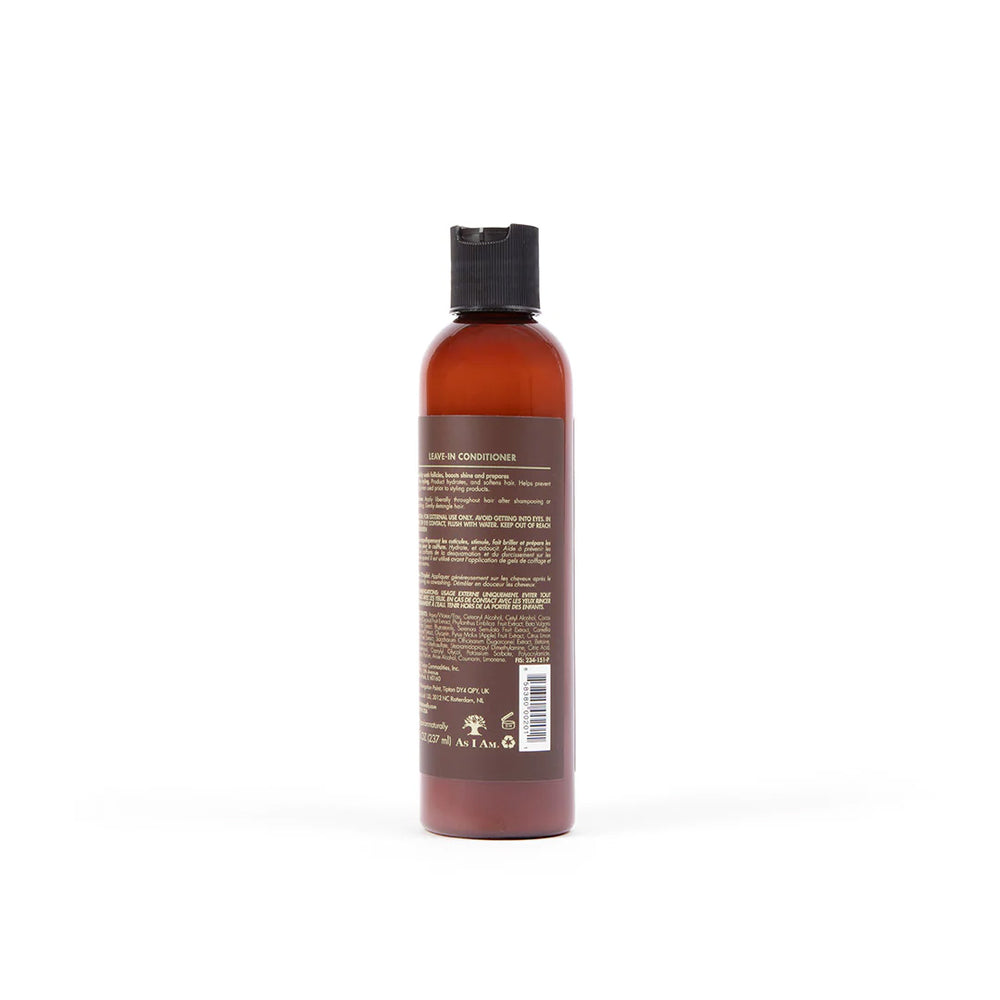 iden af en flaske As I Am Classic Leave-In Conditioner (237 ml), der viser produktinformation og ingrediensliste.