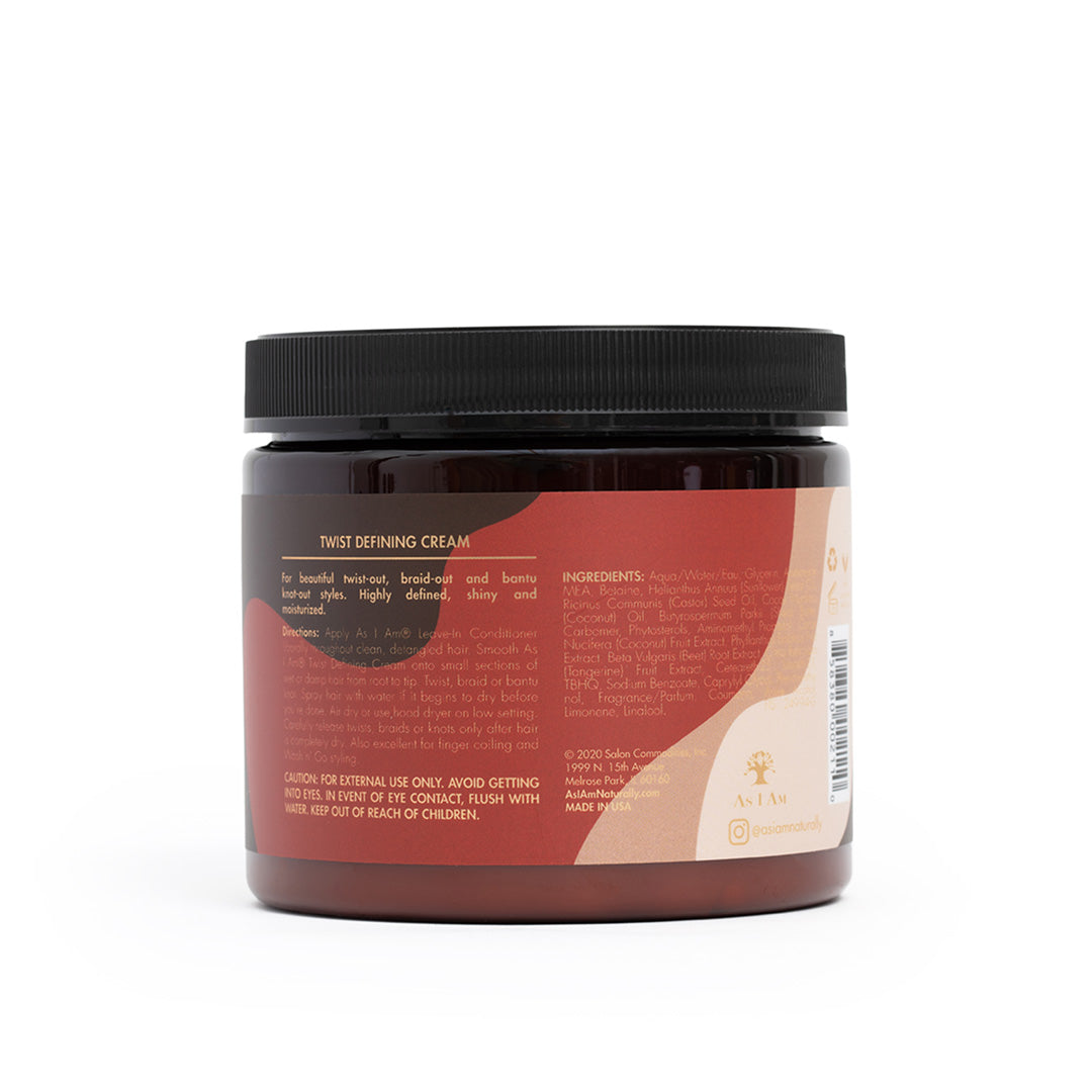 Bagsiden af en krukke As I Am Classic Twist Defining Cream (454g) med information om produktet, ingrediensliste, brugsanvisning og advarsler.