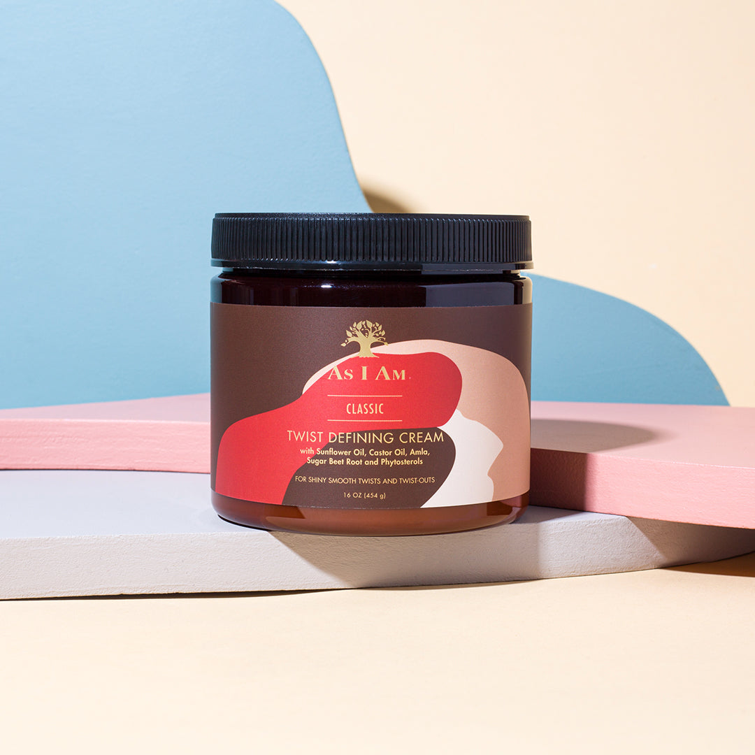 Beholder med As I Am Classic Twist Defining Cream (454g), der viser produktnavn, ingredienser og beskrivelse.