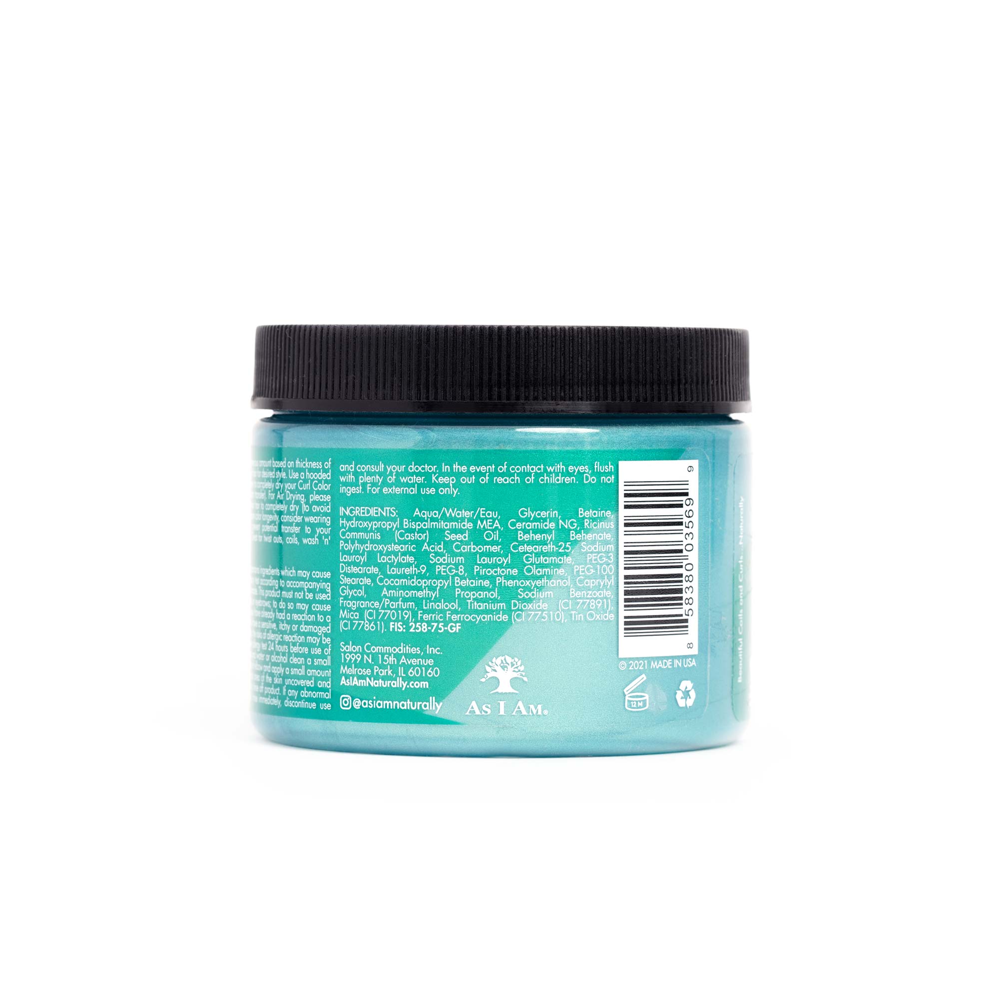 Siden af en krukke med As I Am Curl Color Temporary Color Gel i farven Minty Mermaid (182g), der viser ingrediensliste, advarsler og kontaktoplysninger.