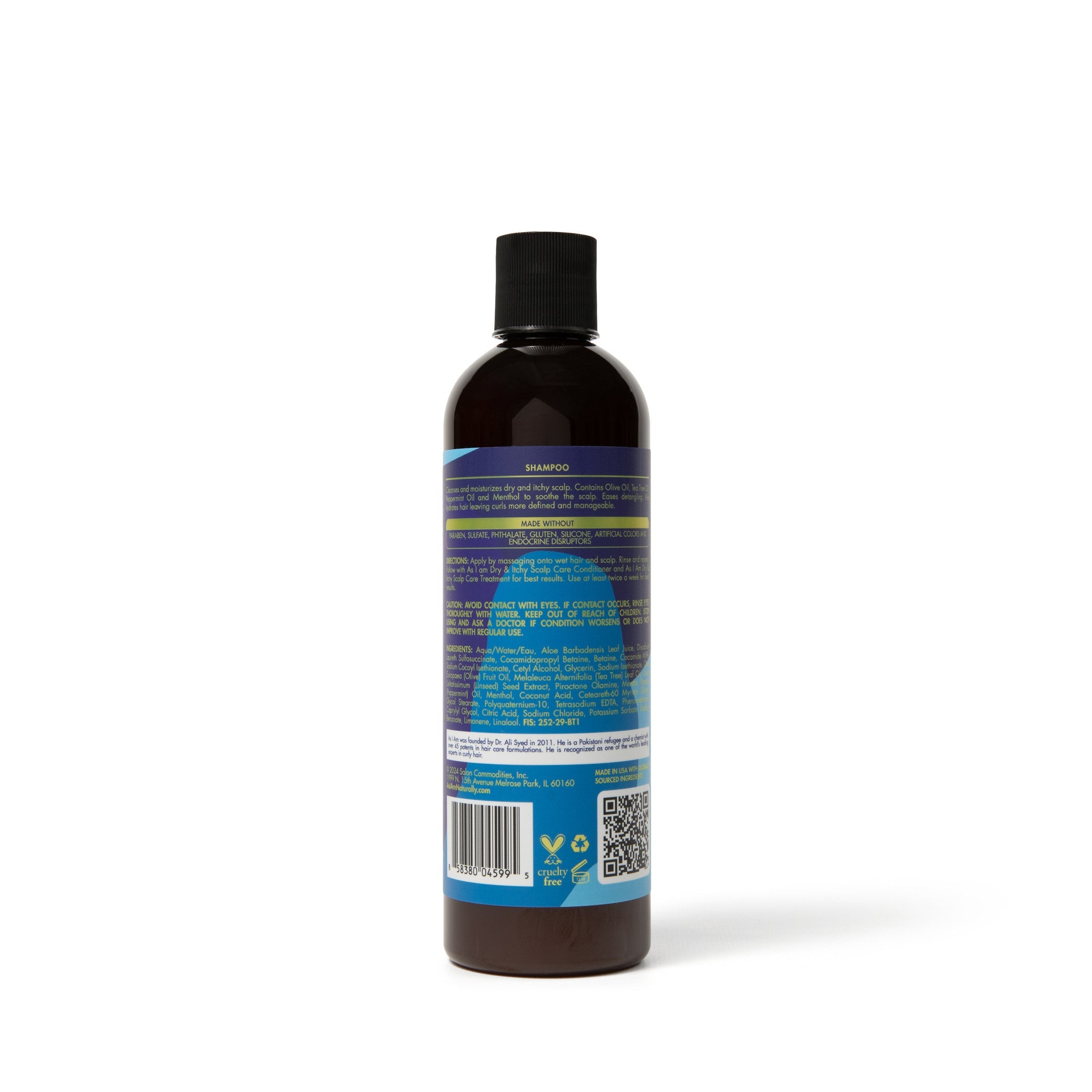 Bagsiden af As I Am Dry & Itchy Scalp Care Shampoo (355 ml) flasken, der viser produktinformation, ingrediensliste, brugsanvisning, advarsler, stregkode og QR-kode.