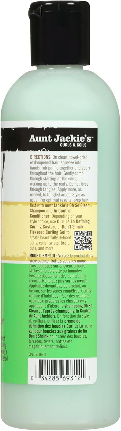 Bagsiden af en flaske Aunt Jackie's Quench Moisture Intensive Leave-In Conditioner med sort låg.