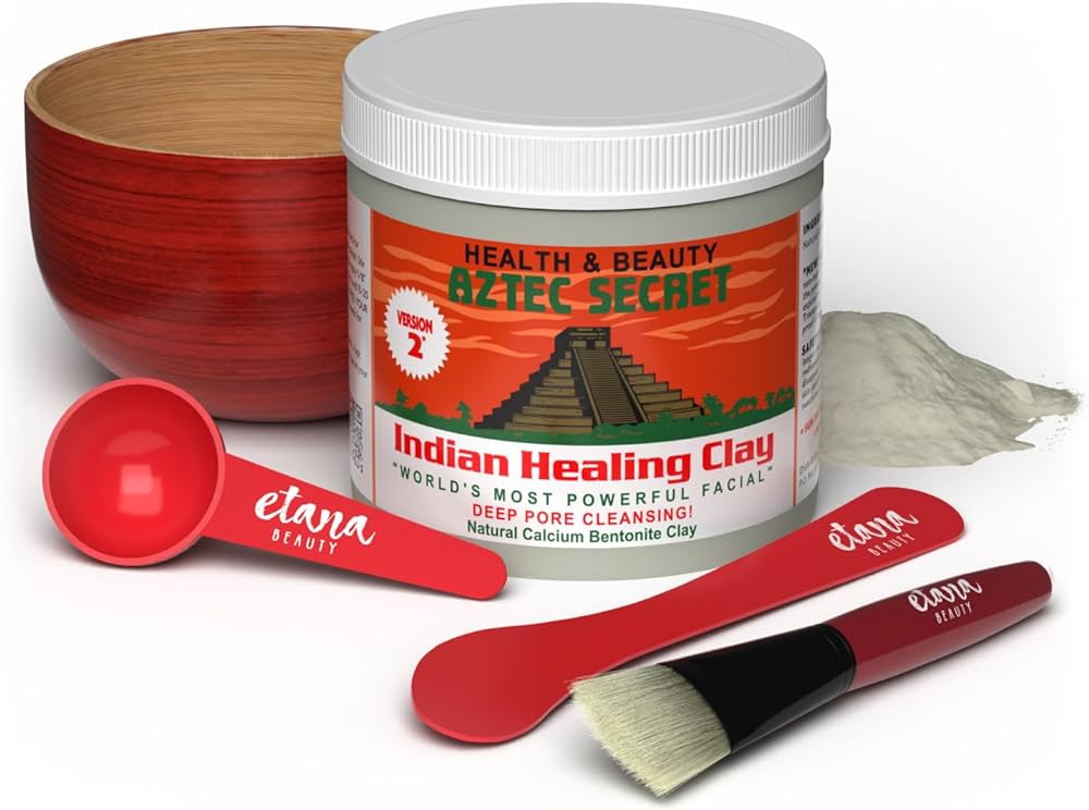 Aztec Secret Indian Healing Clay ansigtsmaske med rød skål, måleskeer og pensel. Naturlig calcium bentonit ler til dyb pore rensning.