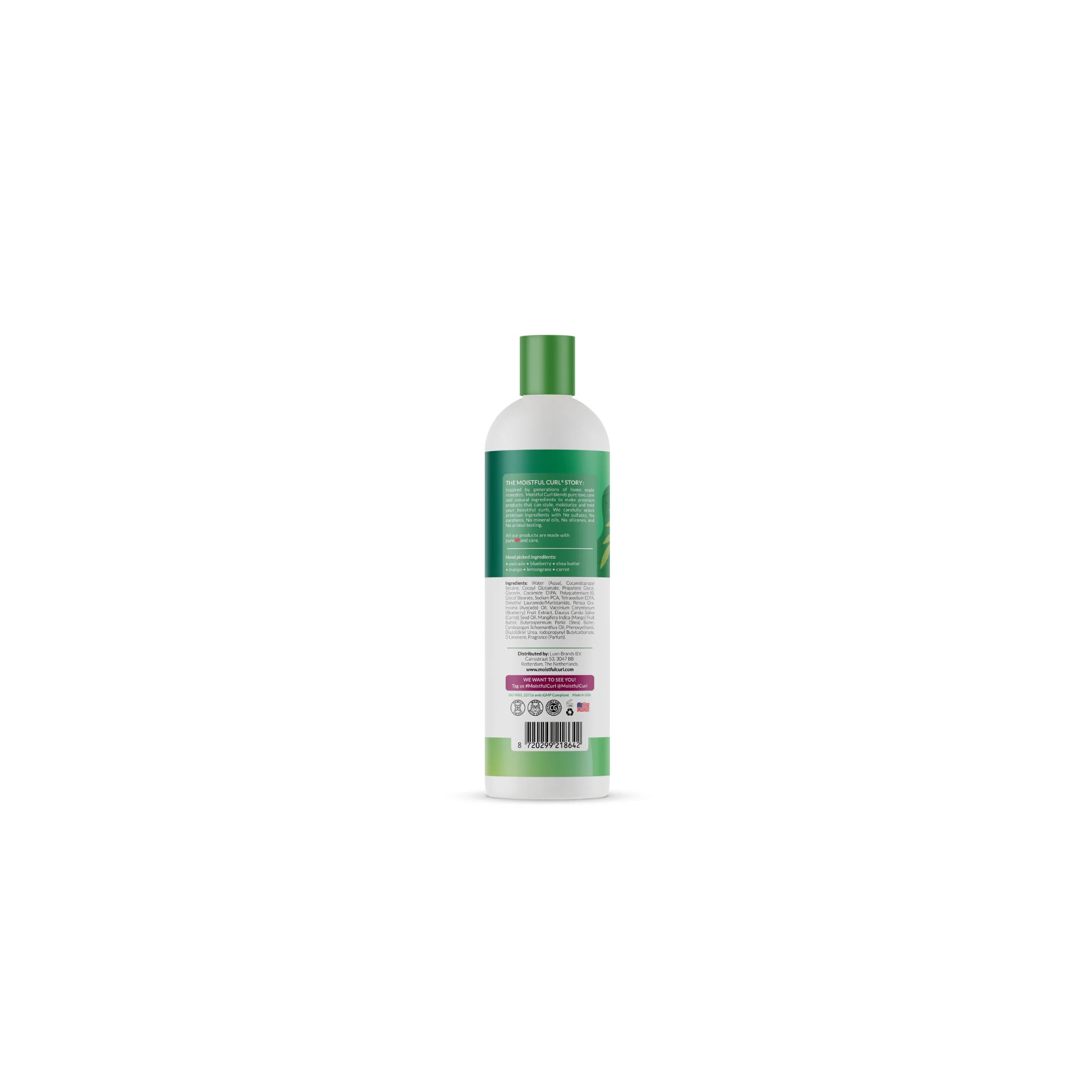 Bagsiden af Moistful Curl Sulfate Free Curl Enhancing Conditioner (473 ml) med ingrediensliste og information om fugt og definition til krøller.