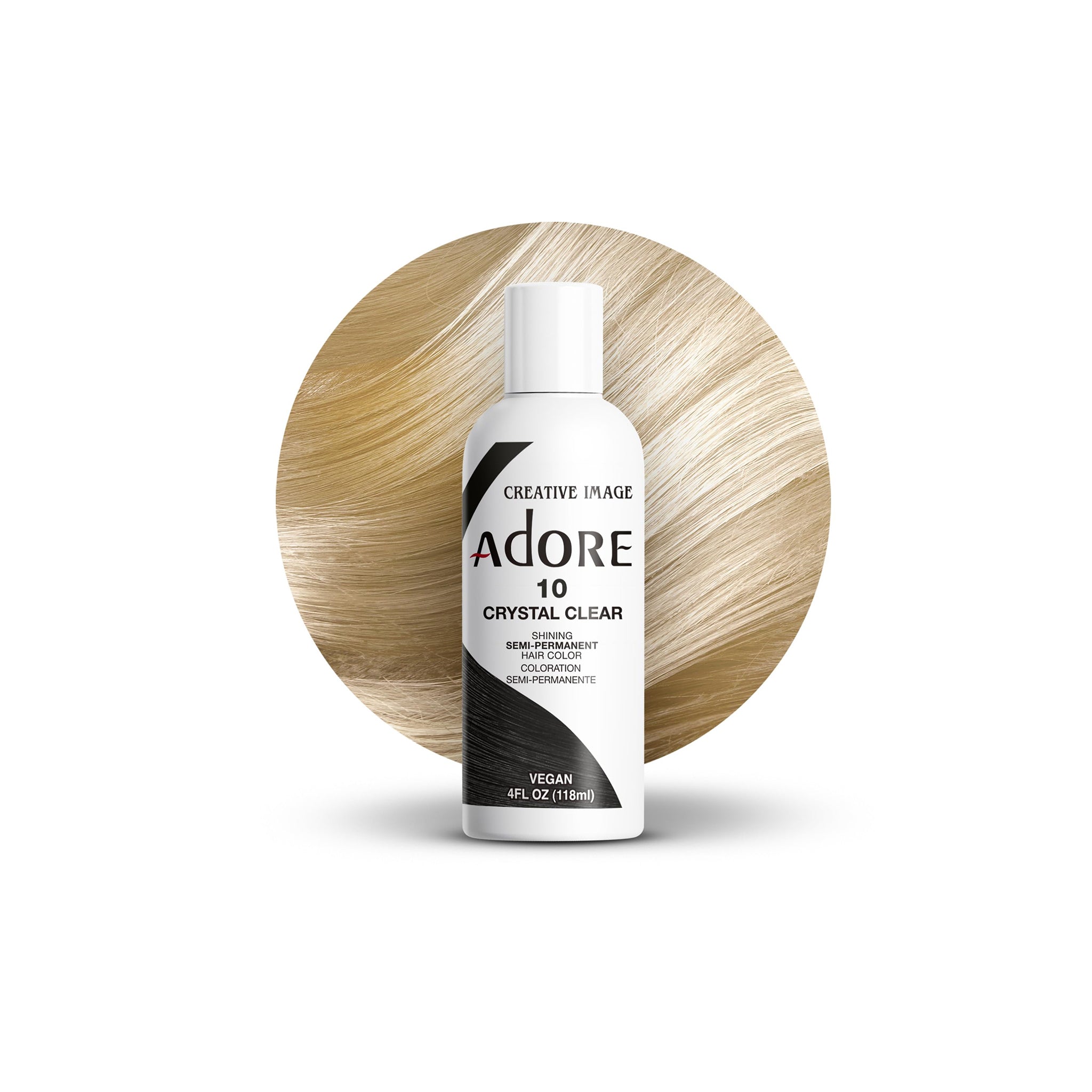 Adore Color No 10 Crystal Clear hårfarveflaske foran lys farveprøve med neutral, klar tone.