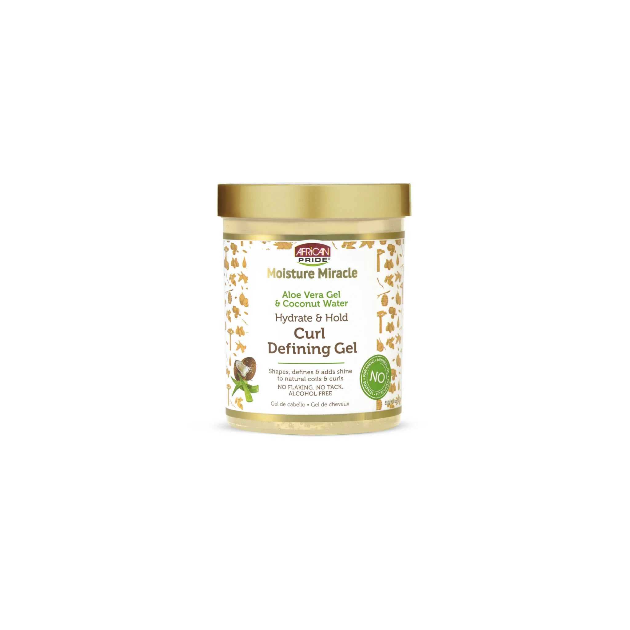 African Pride Moisture Miracle Curl Defining Gel i gylden krukke med dekorativt mønster.