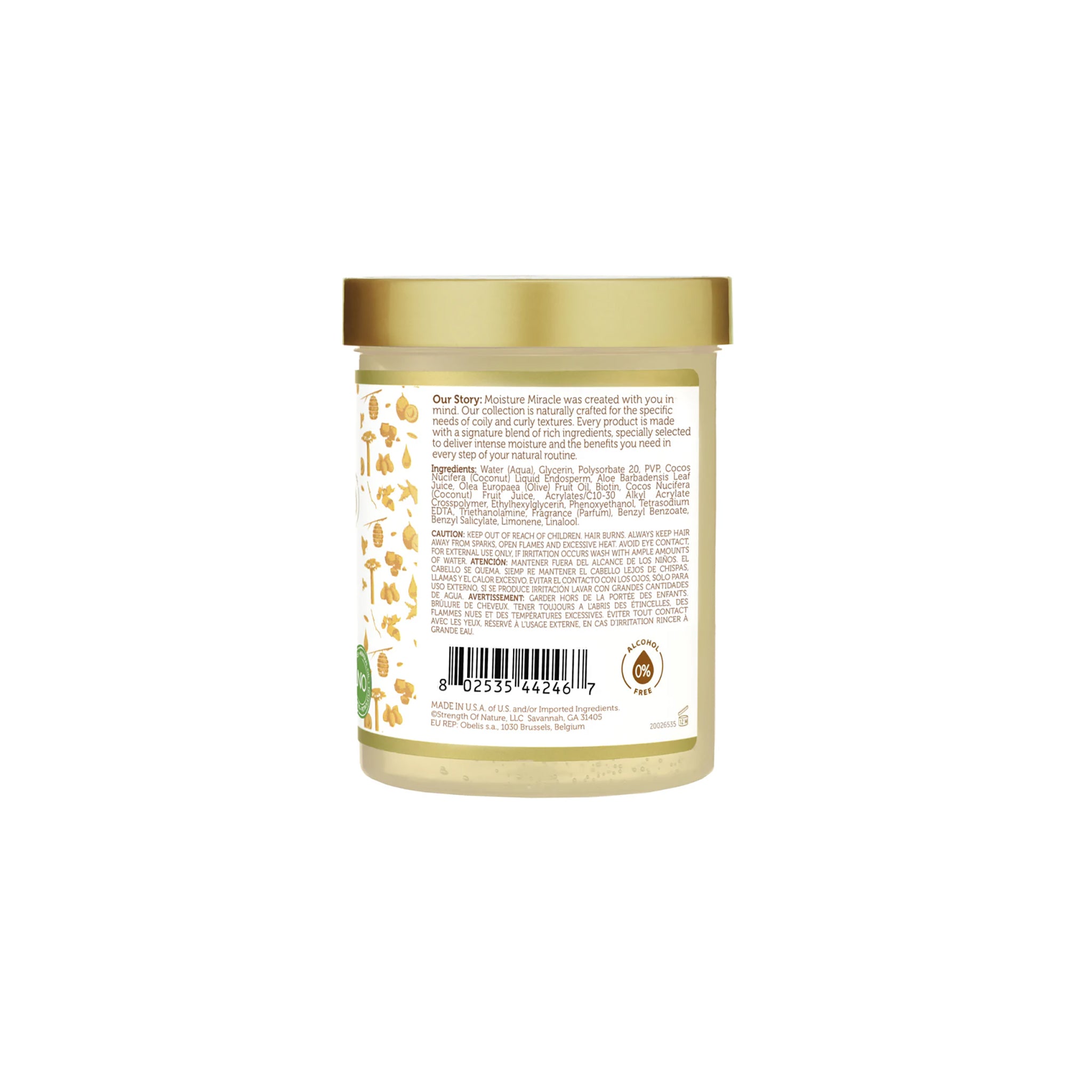 African Pride Moisture Miracle Curl Defining Gel 510gr i beige krukke med gyldent låg og detaljeret etiket.