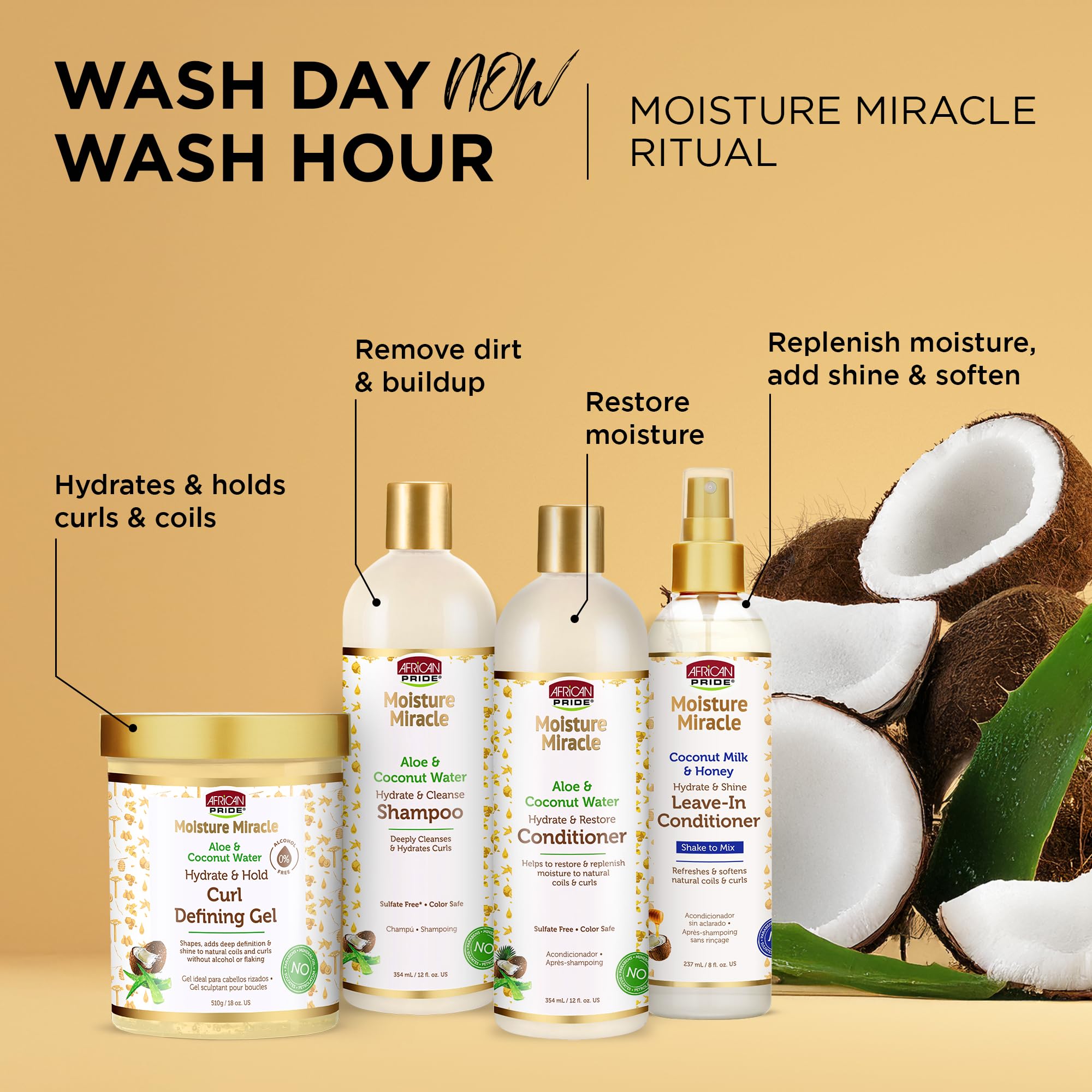 African Pride Moisture Miracle Curl Defining Gel med aloe, ved siden af hårplejeserie mod kokosbaggrund.