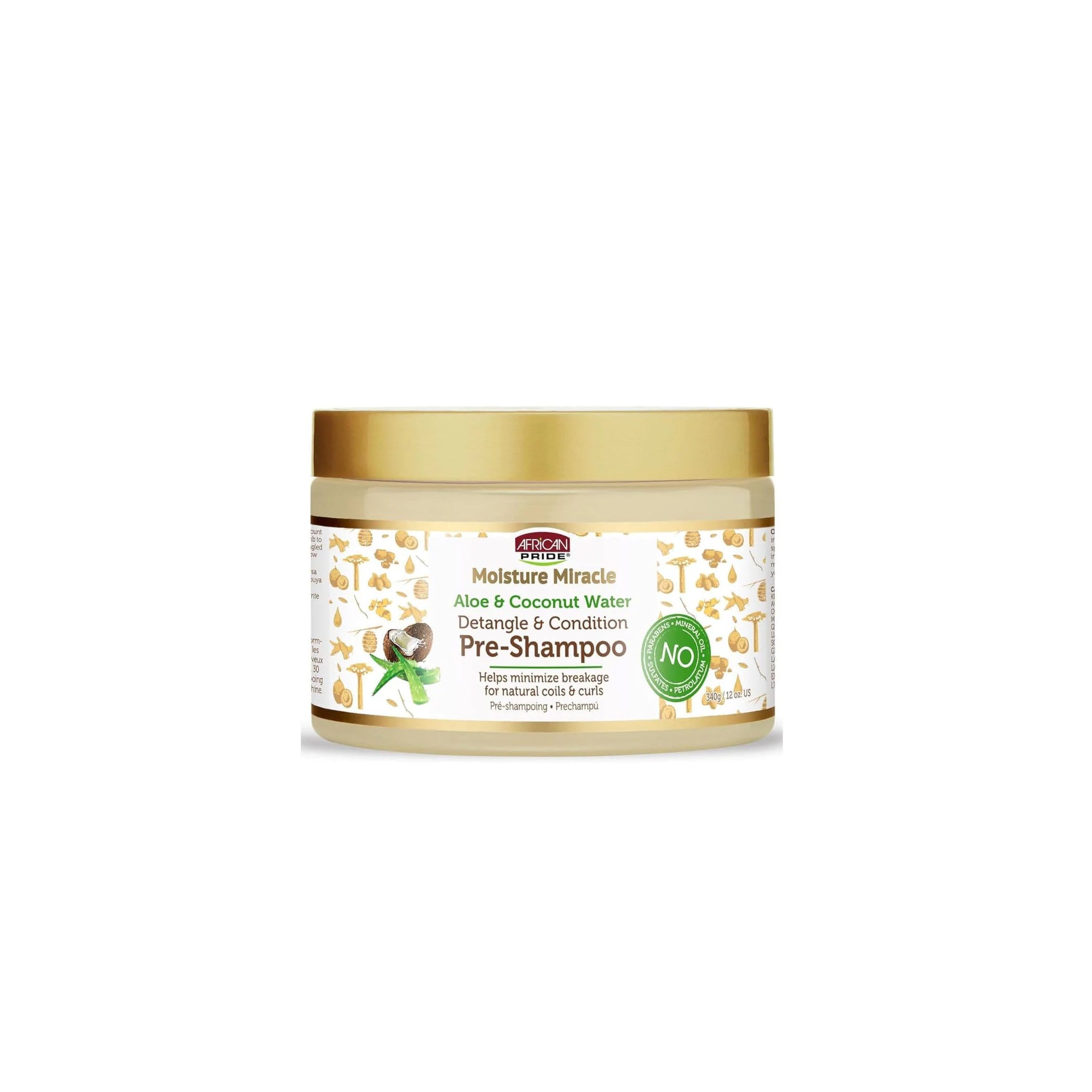 African Pride Moisture Miracle Pre-Shampoo 340g med guld låg, indeholder aloe og kokosvand, står mod hvid baggrund.