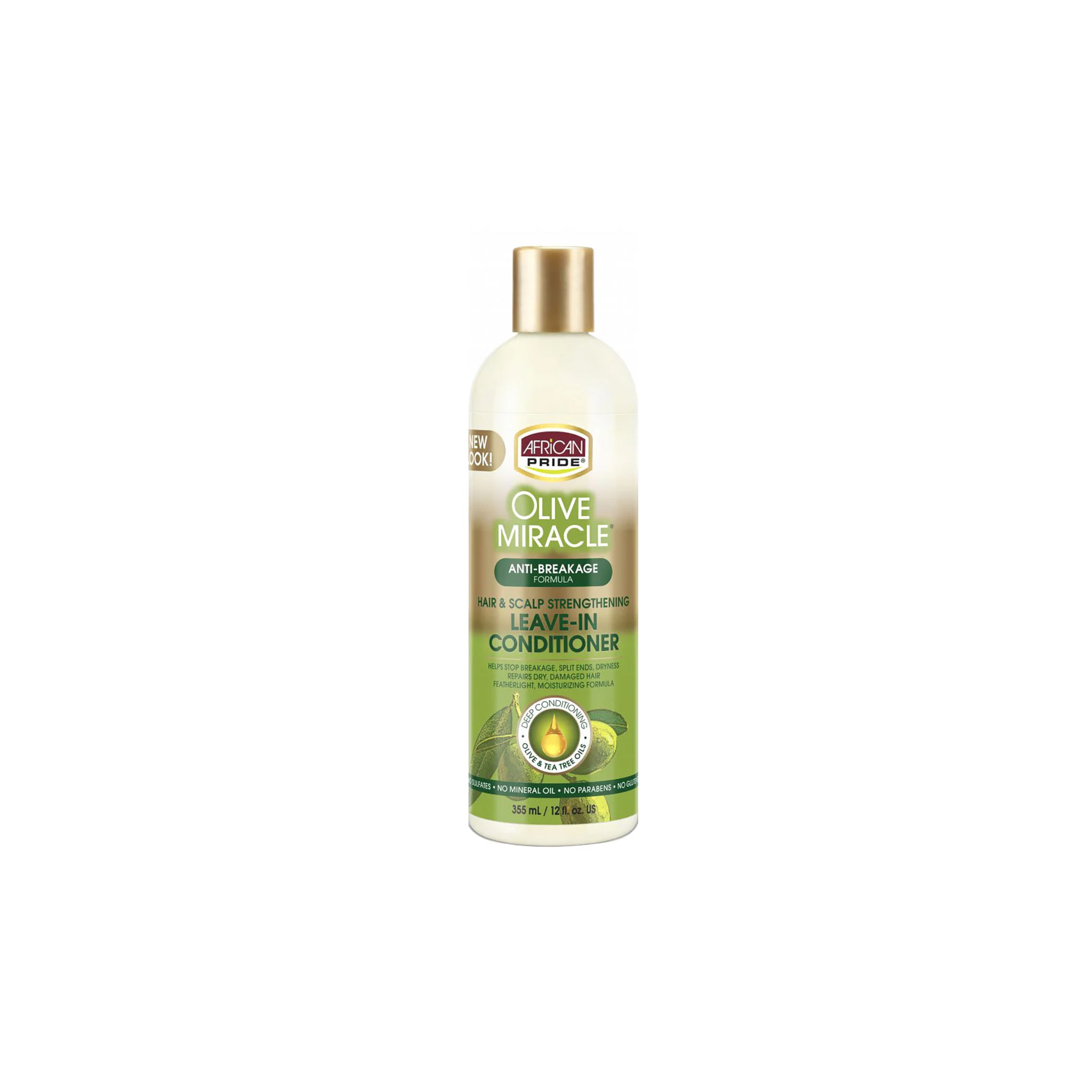 African Pride Olive Miracle Leave-In Conditioner 355ml i grøn flaske med gyldent låg på hvid baggrund.