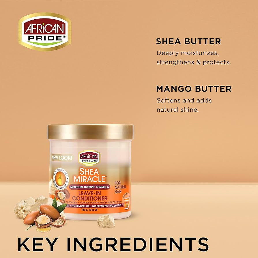 African Pride Shea Leave In Conditioner 425gr med shea og mango smør mod brun baggrund, fremhæver nøgleingredienser.