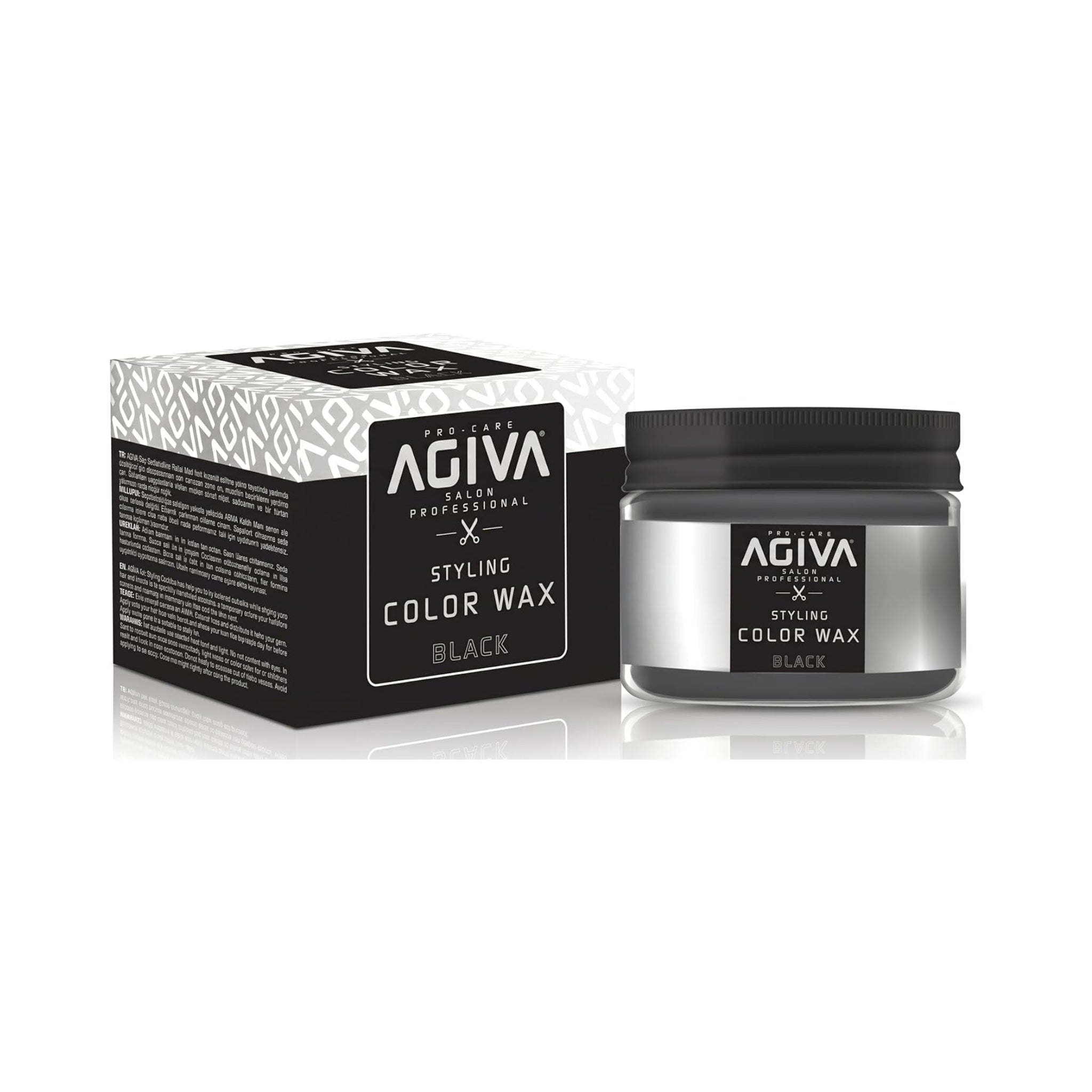AGIVA Styling Color Wax Black i sort krukke med skruelåg ved siden af sort-hvid emballageæske.