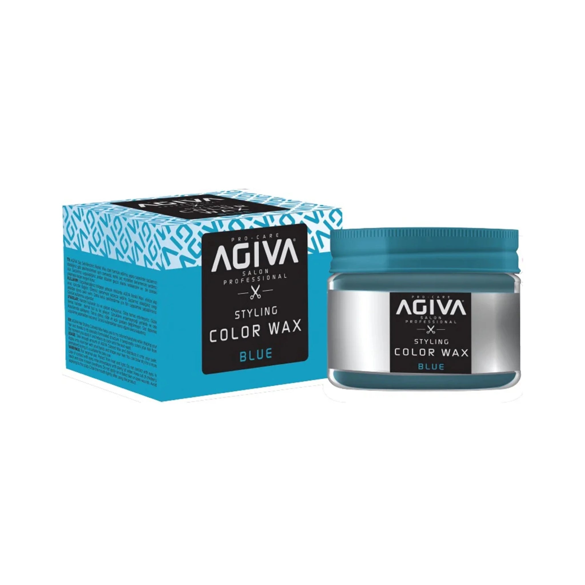 Agiva Styling Color Wax Blue i åben glaskrukke med turkis låg ved siden af den blå-mønstrede æske.