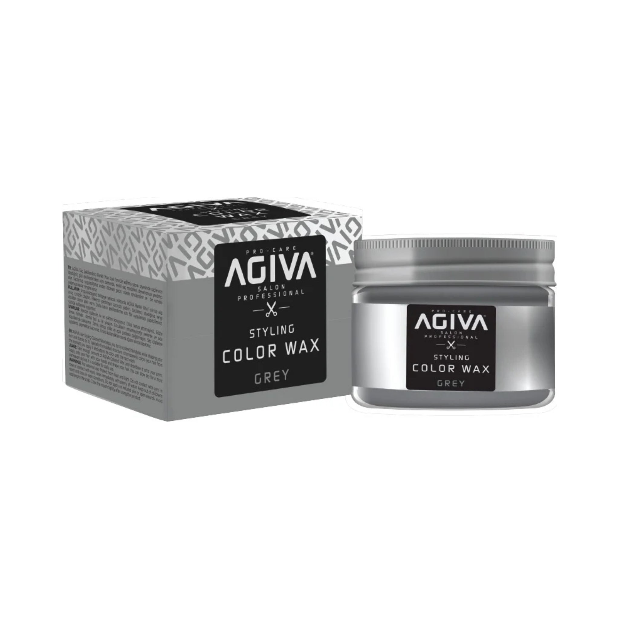 Agiva Styling Color Wax Grey i grå emballage ved siden af åben metaldåse med grå voks til hårfarvning.