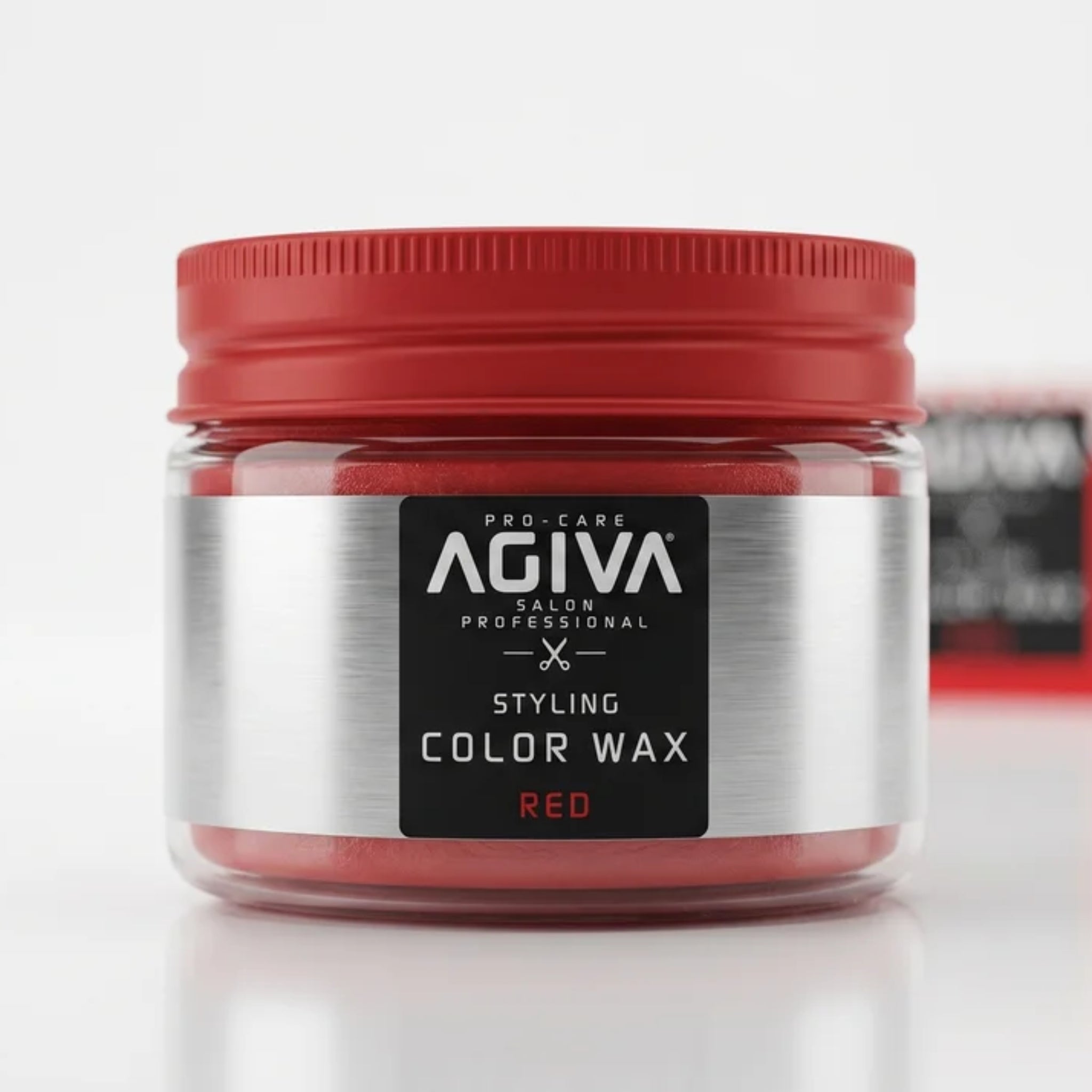 Agiva Pro-Care Styling Color Wax Red i glasbeholder med rødt låg og sølvfarvet etiket.