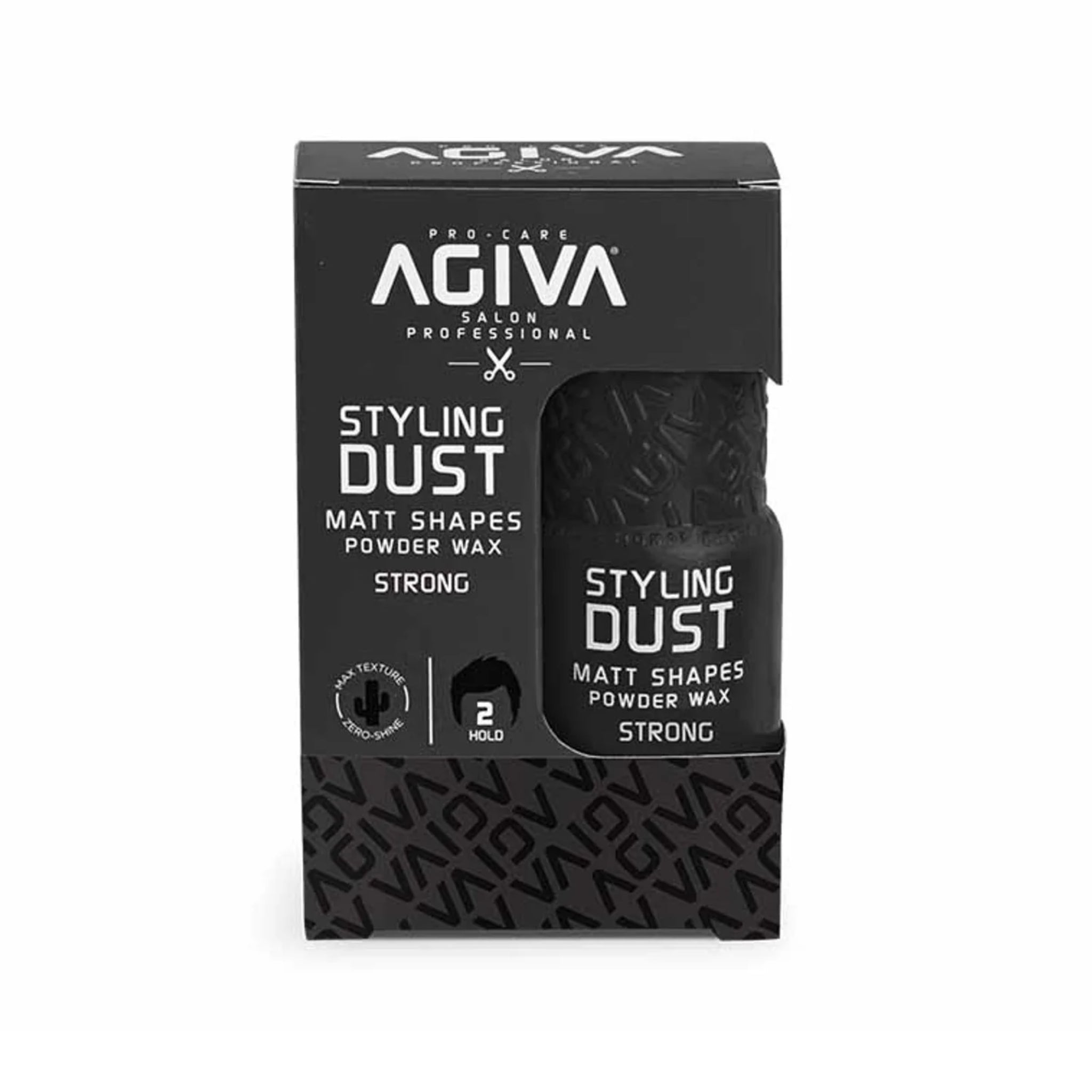 Agiva Styling Dust Matt Shapes Powder Wax Strong i sort emballage med matchende sort flaske.