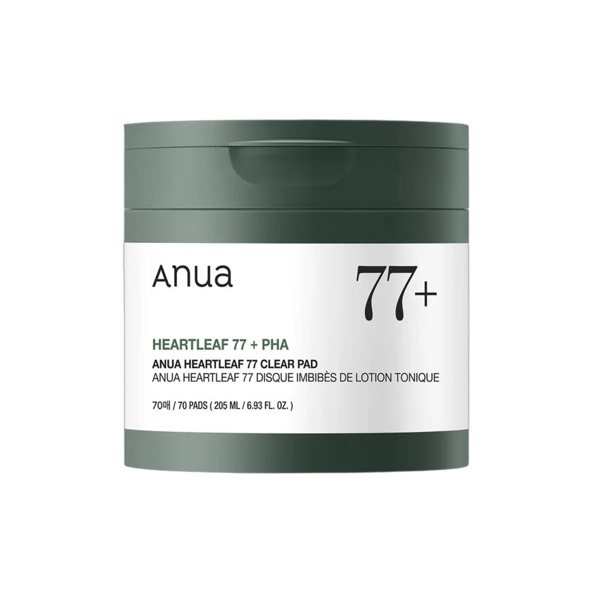 Anua Heartleaf 77 Clear Pad i grøn og hvid krukke med 70 PHA-mættede rensende ansigtspads.