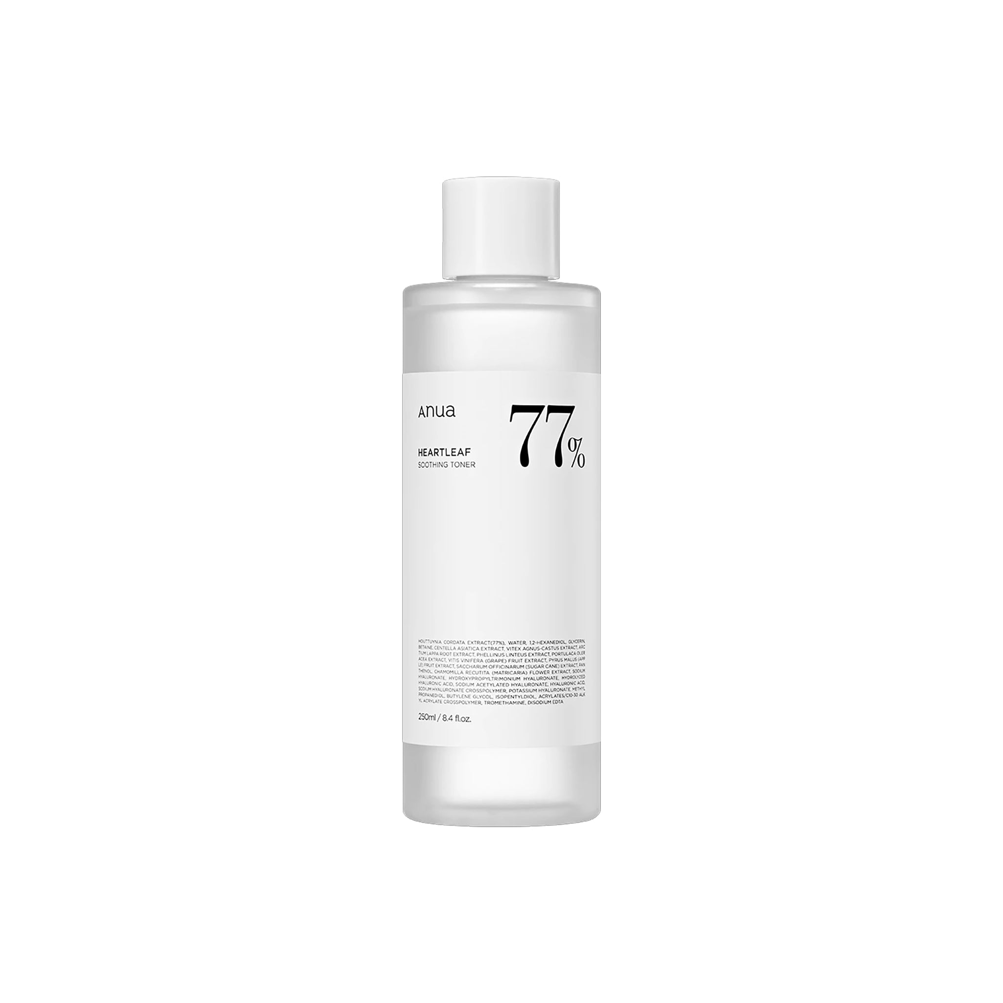 Flaske med Anua Heartleaf 77% Soothing Toner i minimalistisk design med hvid label og sort tekst.