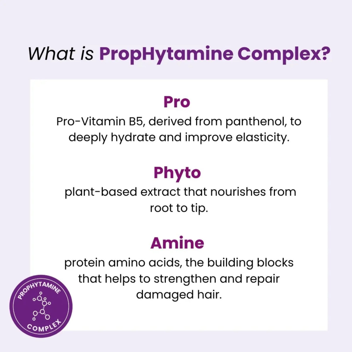 Infografik om PropHytamine Complex: Pro-Vitamin B5, phyto plantekstrakt og amino-syrer til hårpleje.