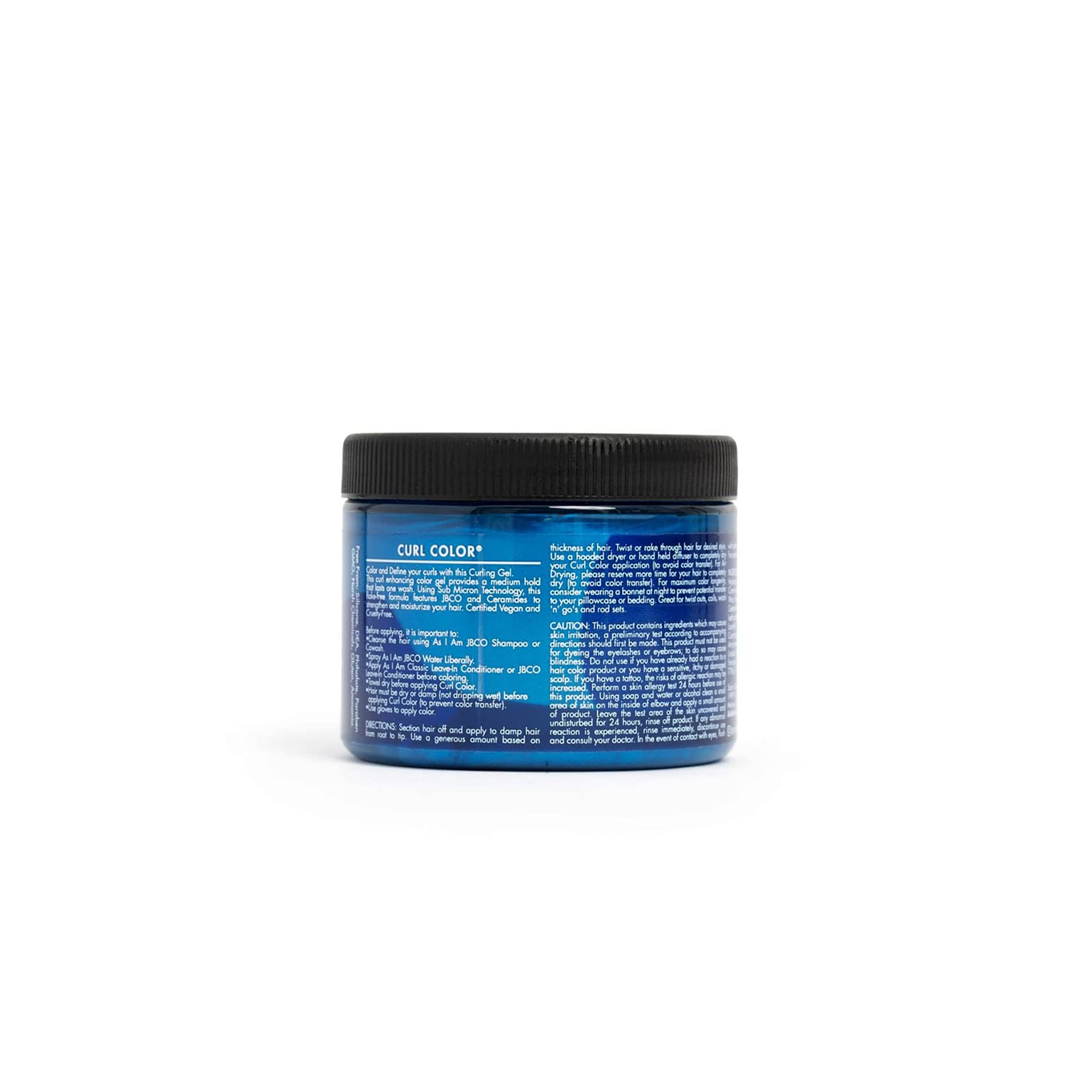 Bagsiden af As I Am Curl Color Cool Blue, der viser ingredienslisten Seed Oil og samt den detaljerede brugsanvisning til midlertidig hårfarvning af krøller.