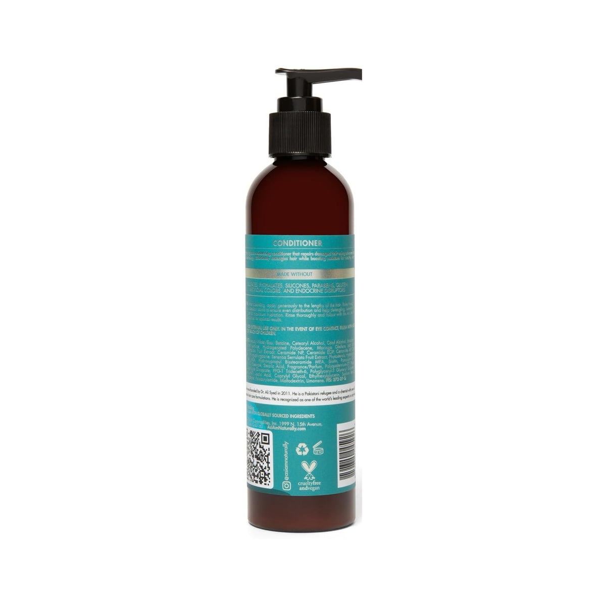 Brun pumpeflaske conditioner med turkis etiket, sort pumpehoved, fra AsIAmNaturally