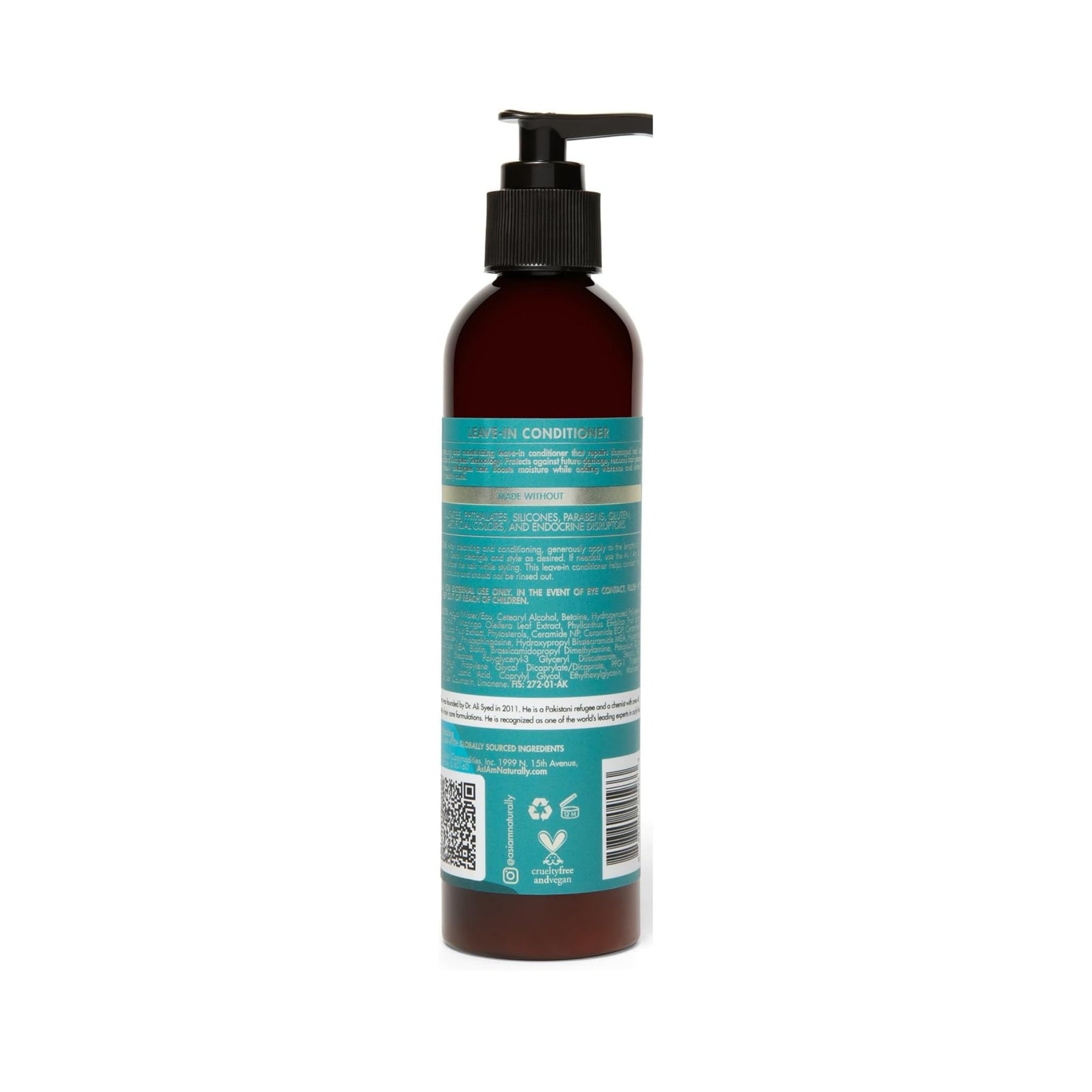 Brun pumpeflaske med Leave-In Conditioner fra As I Am Naturally med turkis etiket og sort pumpehoved.