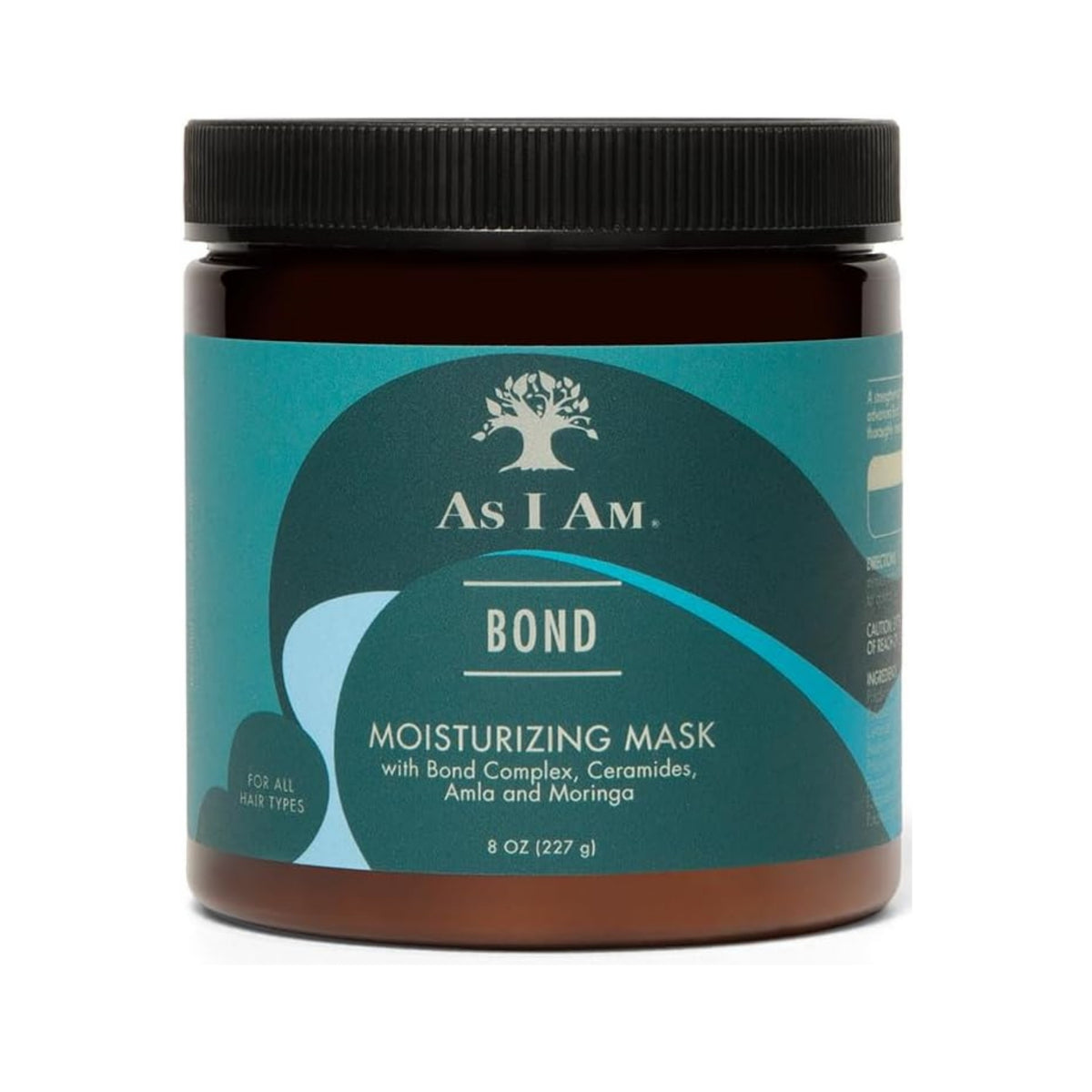 As I Am Bond Moisturizing Mask krukke på 227 g med sort låg og petroleumsfarvet etiket.
