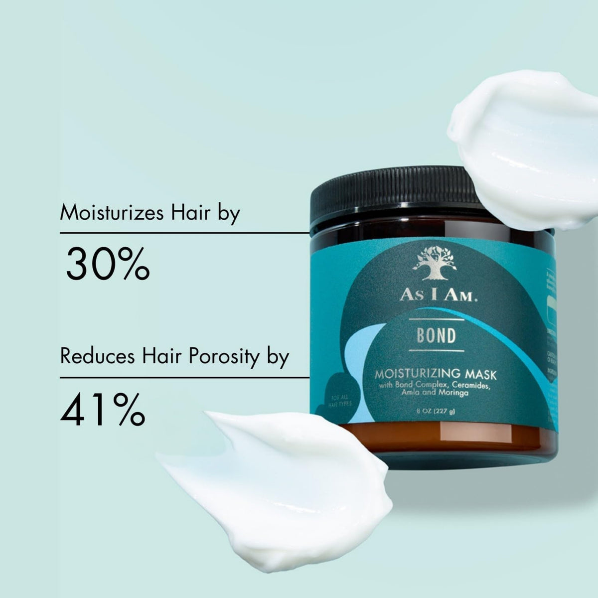 As I Am Bond Moisturizing Mask krukke med cremet hårmaske-swatches, viser 30% mere fugt og 41% mindre porøsitet.