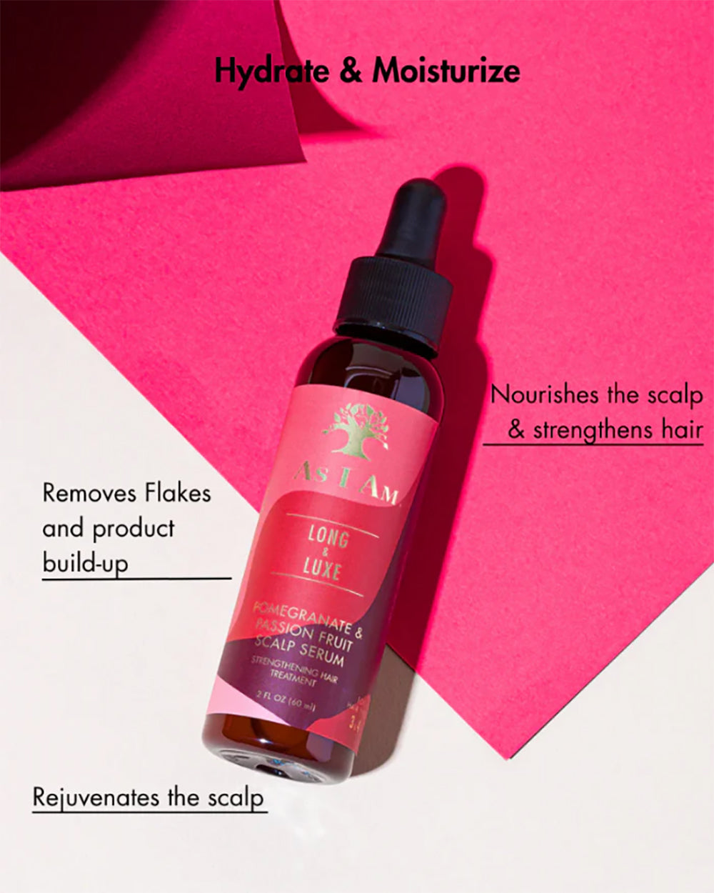 As I Am Long and Luxe Scalp Serum 60ml på pink baggrund med pipetteflaske, fugtgivende serum der styrker hår og nærer hovedbunden.
