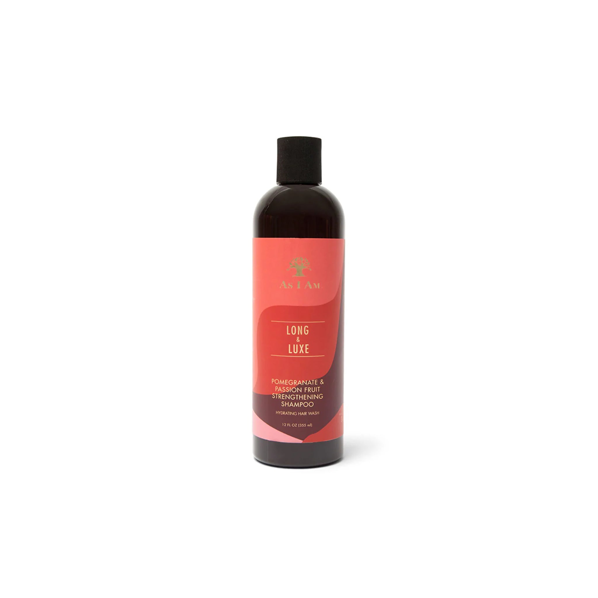 As I Am Long and Luxe Strengthening Shampoo 355ml med rød etiket og sort låg, fugtgivende shampoo til stærkere hår.