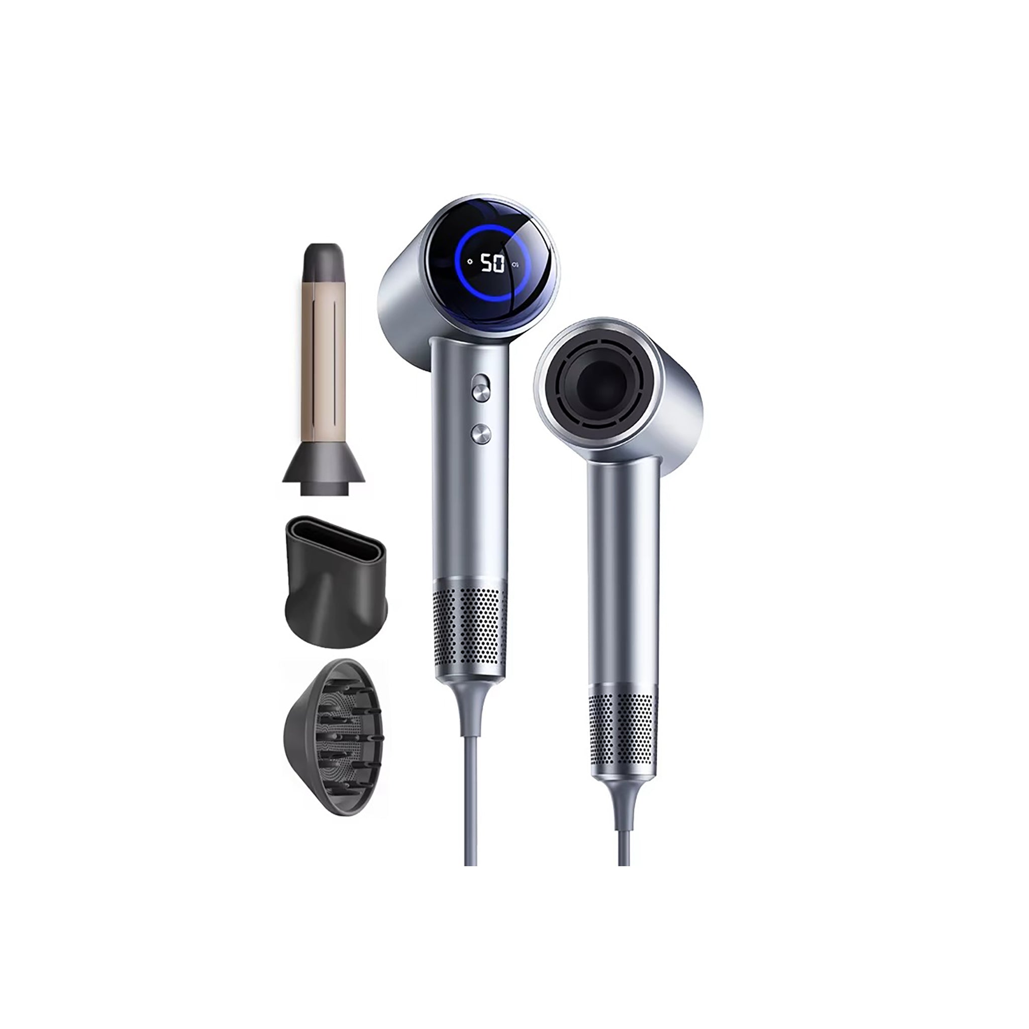 Aurion Professionel Ionisk Hårtørrer i sølv med digitalt display og tre udskiftelige dyser til præcis styling og skånsom tørring.