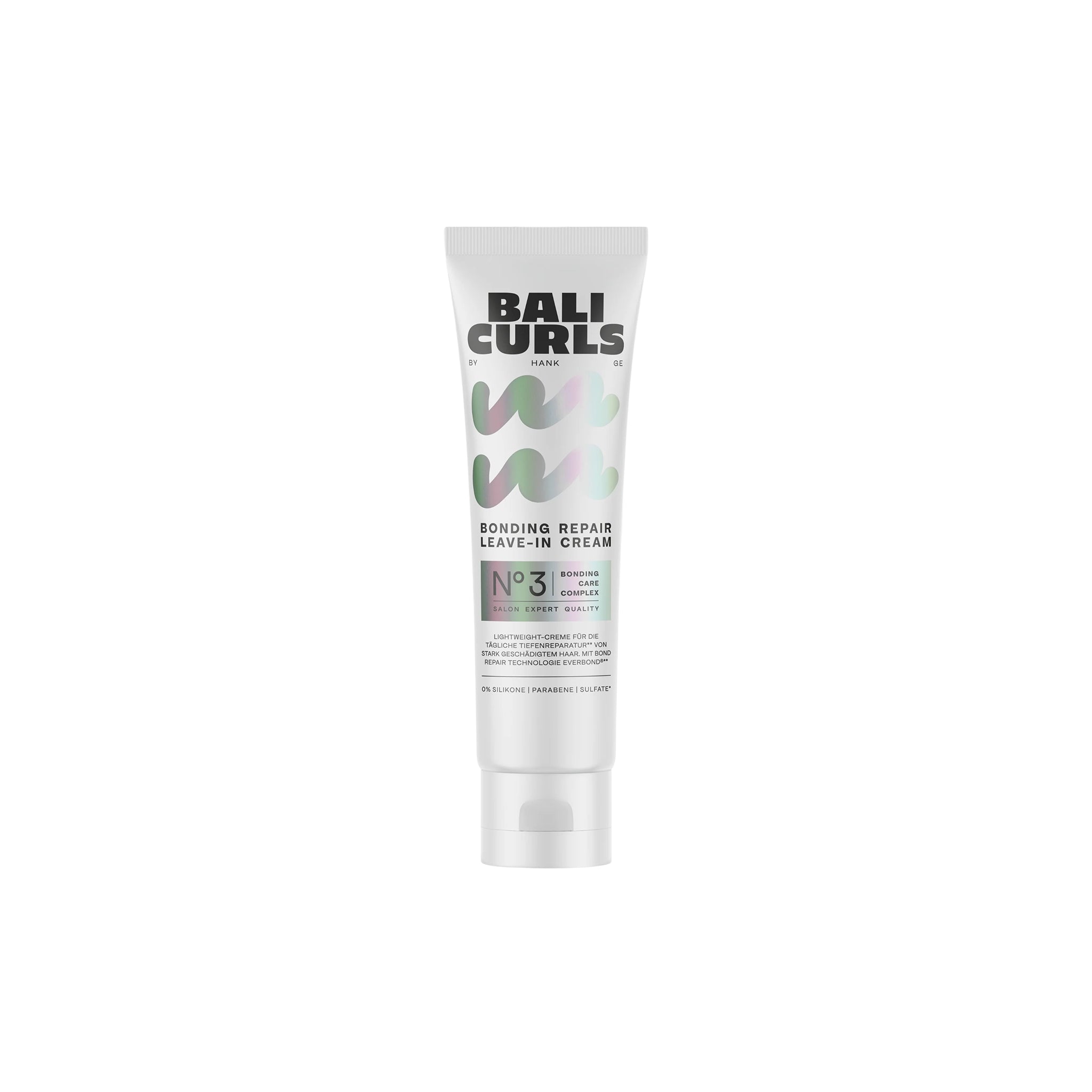 Tube med Bali Curls Bonding Repair Leave-in Cream No. 3 i hvidt design med pastelfarver og grøn produktetiket.
