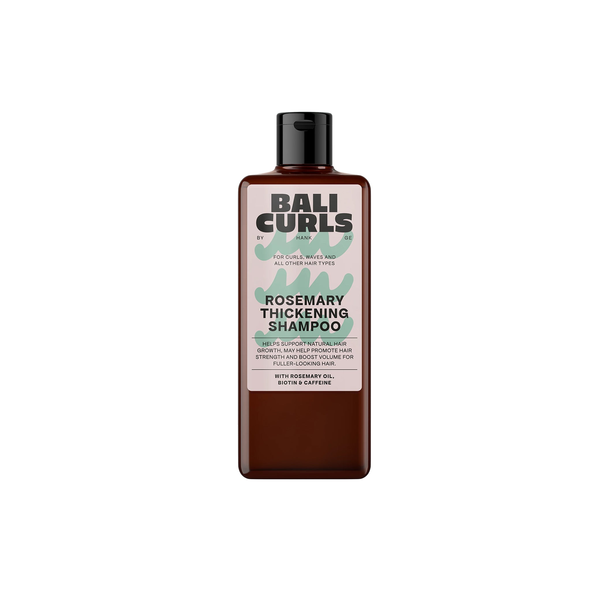 Brun flaske med Bali Curls Rosemary Thickening Shampoo til krøllet hår, beriget med rosmarinolie, biotin og koffein.