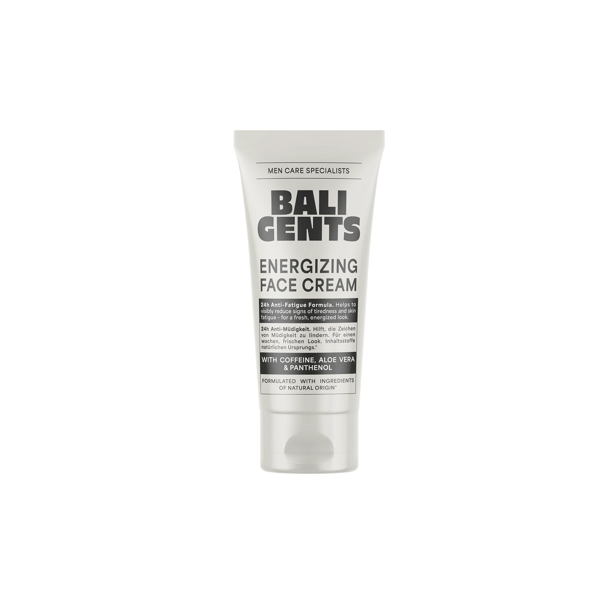 Tube med Bali Gents Energizing Face Cream til mænd, med koffein, aloe vera og panthenol på hvid baggrund.