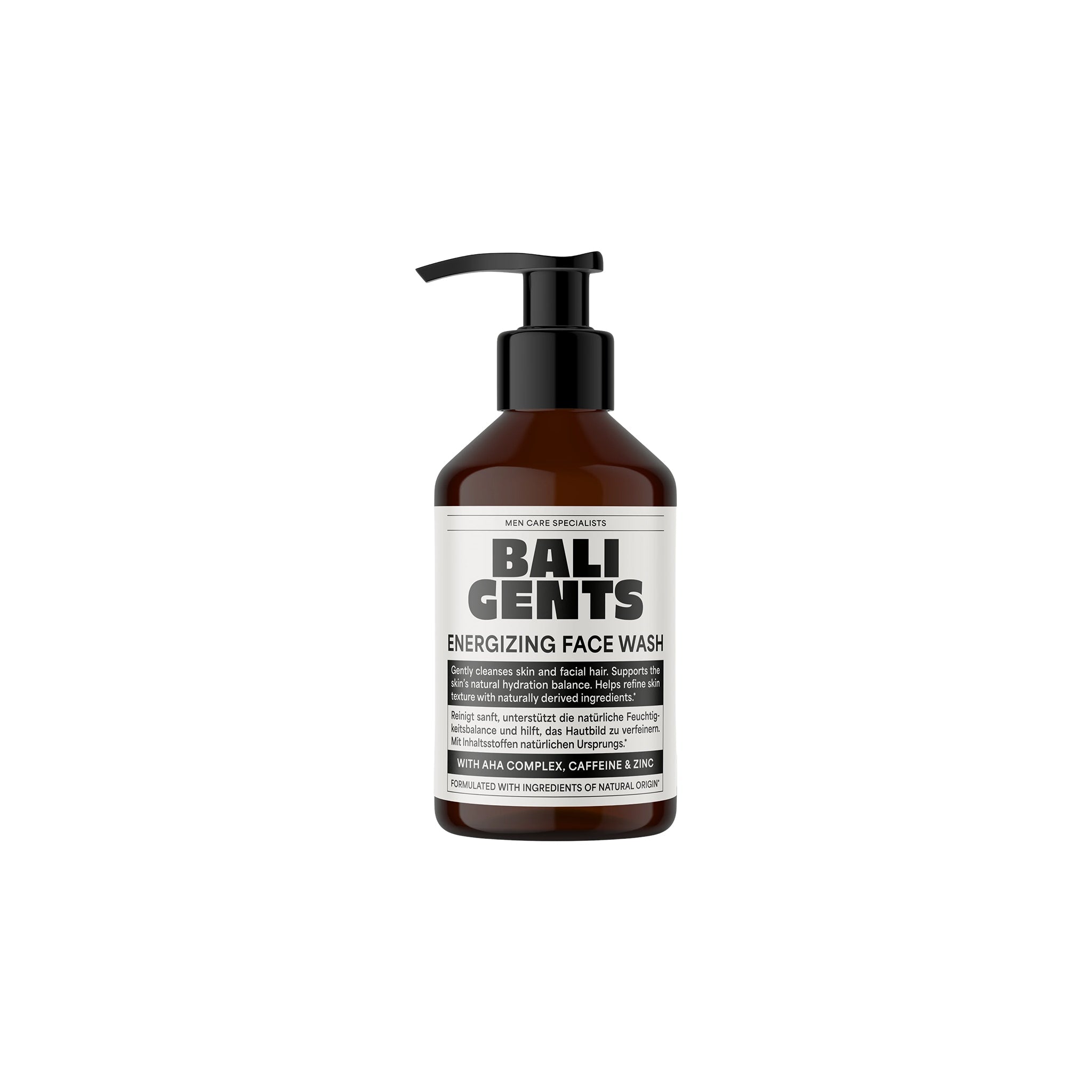 Brun pumpeflaske med BALI GENTS Energizing Face Wash til mænd, beriget med AHA-complex, koffein og zink.