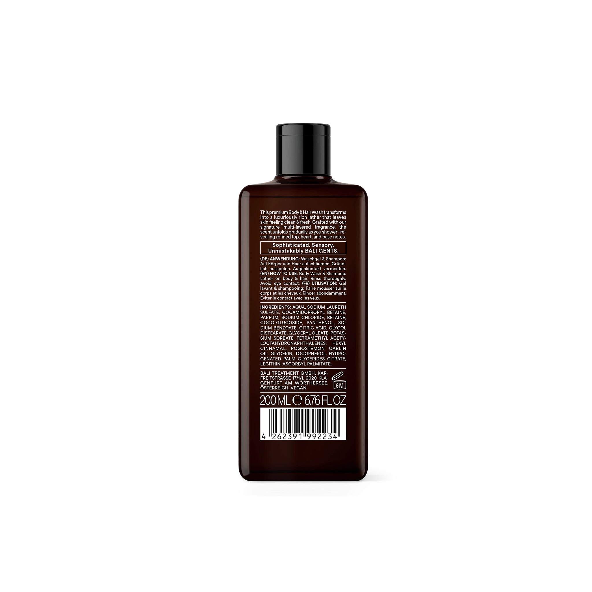 Mørkebrun flaske Bali Gents Shower Gel Sandalwood Leather 7 200ml med ingrediensliste og gylden tekst på bagsiden.
