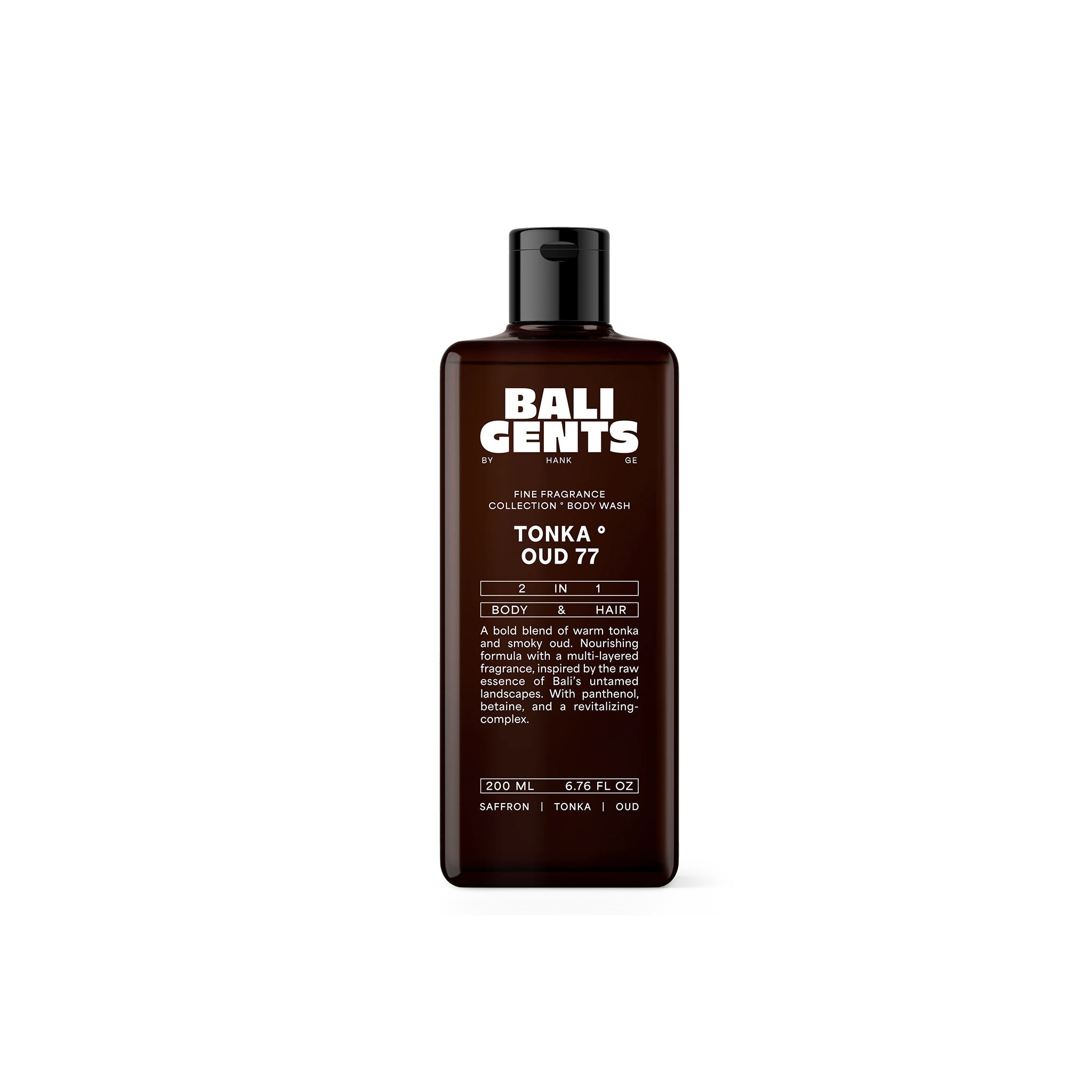 Mørkebrunt 200 ml BALI GENTS Tonka Oud 77 body wash til krop og hår med duft af tonkabønne og oud.