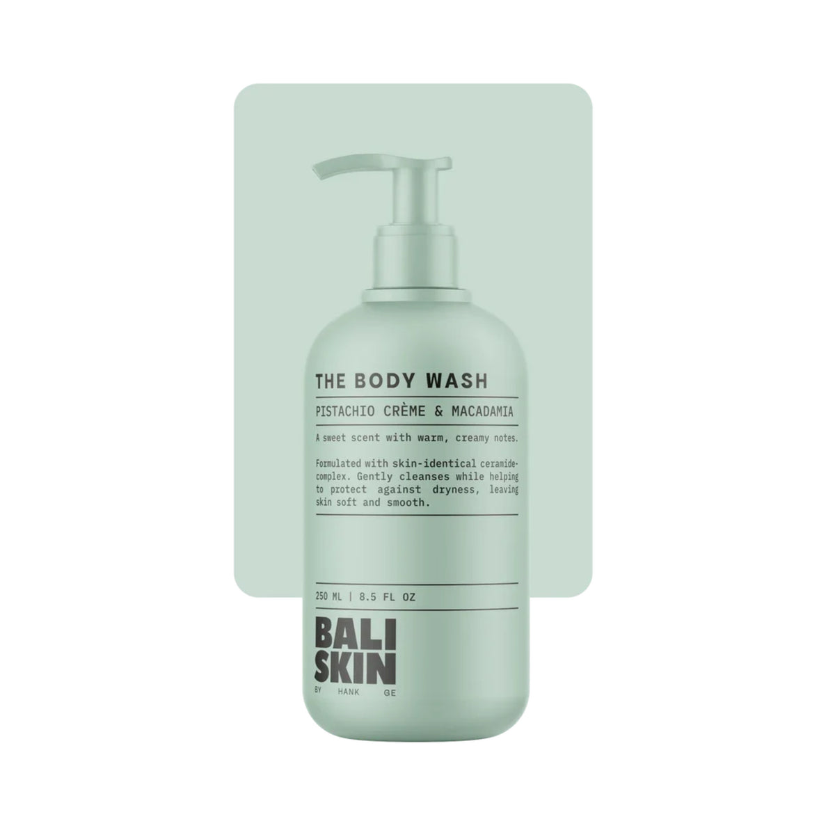 Bali Skin The Body Wash pumpeflaske i mintgrøn med Pistachio Crème & Macadamia duft, 250 ml.