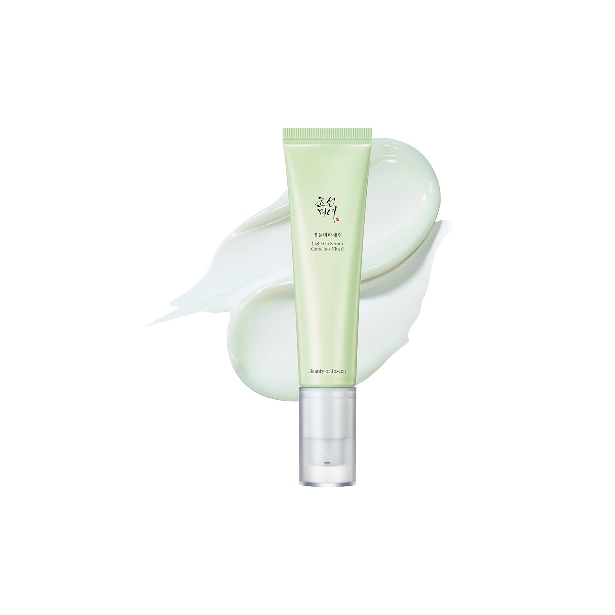 Beauty of Joseon Light On Serum Centella + Vita C 30ml i lysegrøn tube med serumtekstur bagpå mod hvid baggrund.