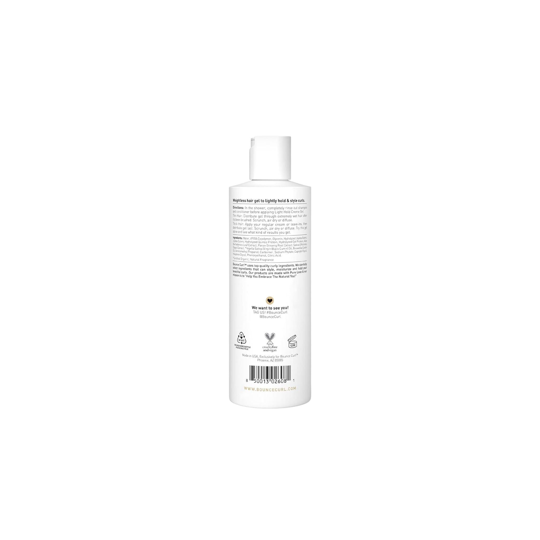 Bounce Curl Light Crème Gel 355ml bagetiket med produktbeskrivelse og ingrediensliste på hvid flaske med sort tekst.