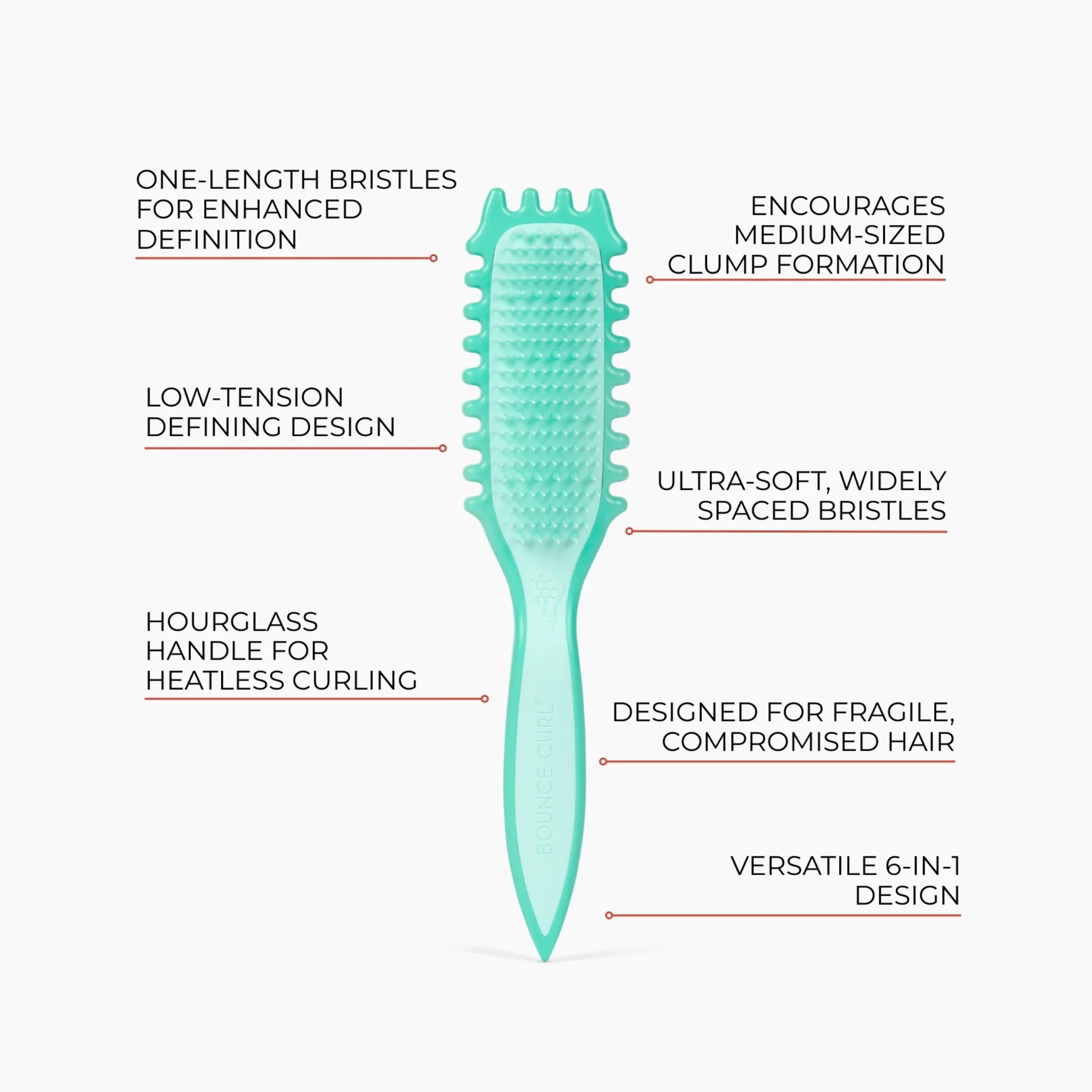 Bounce Curl Slick-Flex Define EdgeLift Brush Infographic: En 6-i-1 krøllebørste med ultramyke buster designet for skånsom styling av fint eller skadet hår.