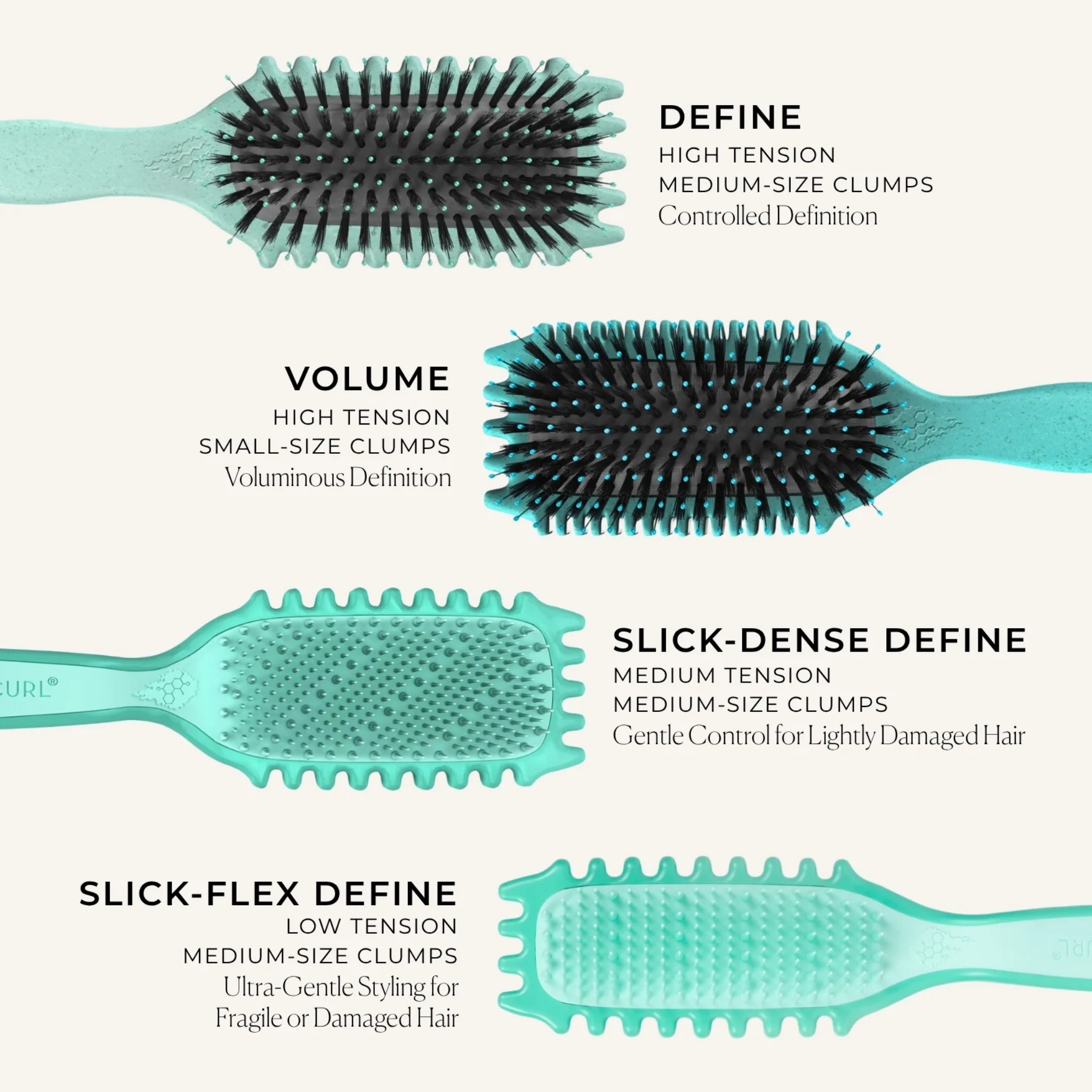 Guide til Bounce Curl Hairbrushes: Sammenligning av Define, Volume, Slick-Dense og Slick-Flex børster basert på spenning og krøllstørrelse for ulike hårtyper.