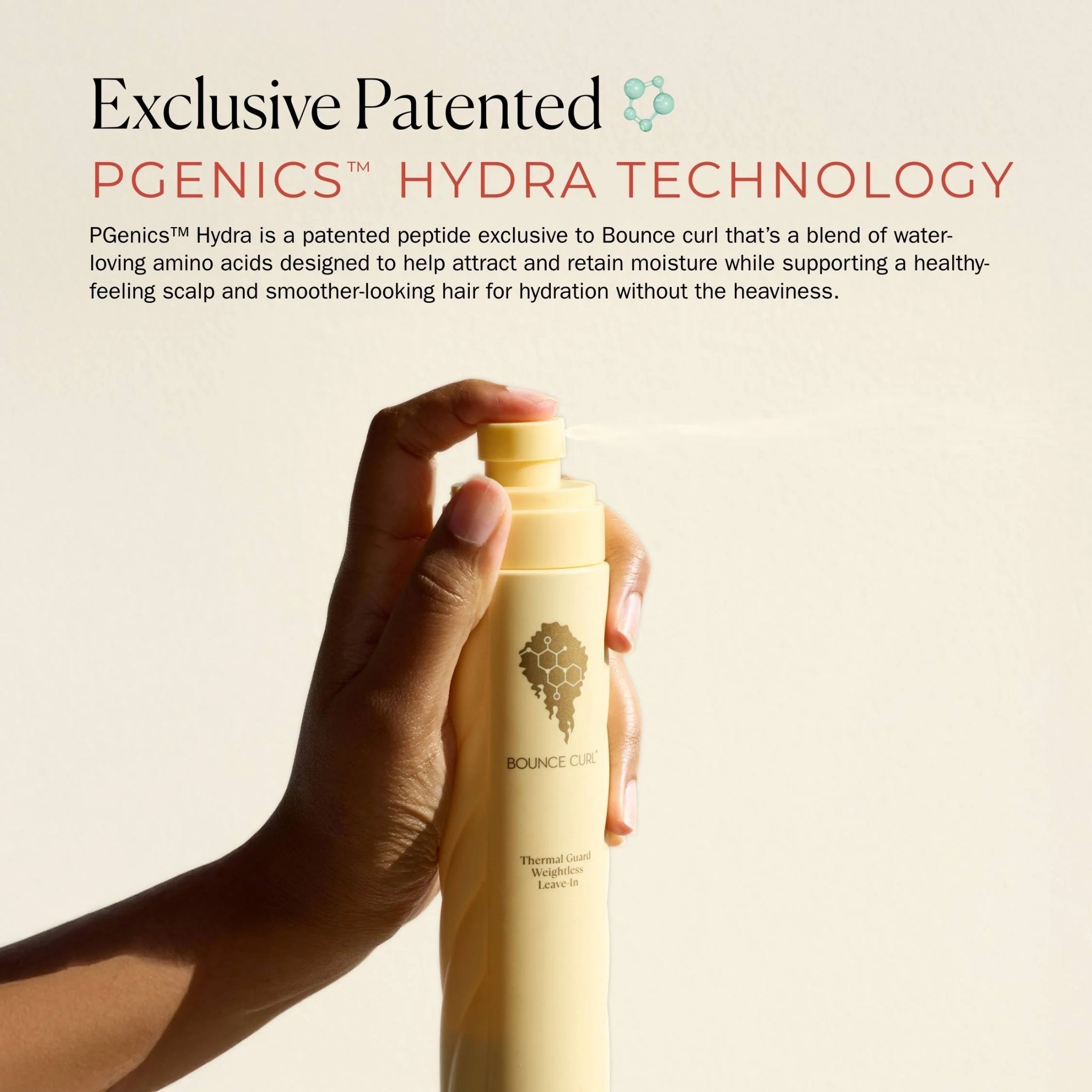 Håndholdt Bounce Curl termisk beskyttelse vektløs leave-in spray med PGenics Hydra-teknologi for krøllhydrering og fuktighetsbevaring.