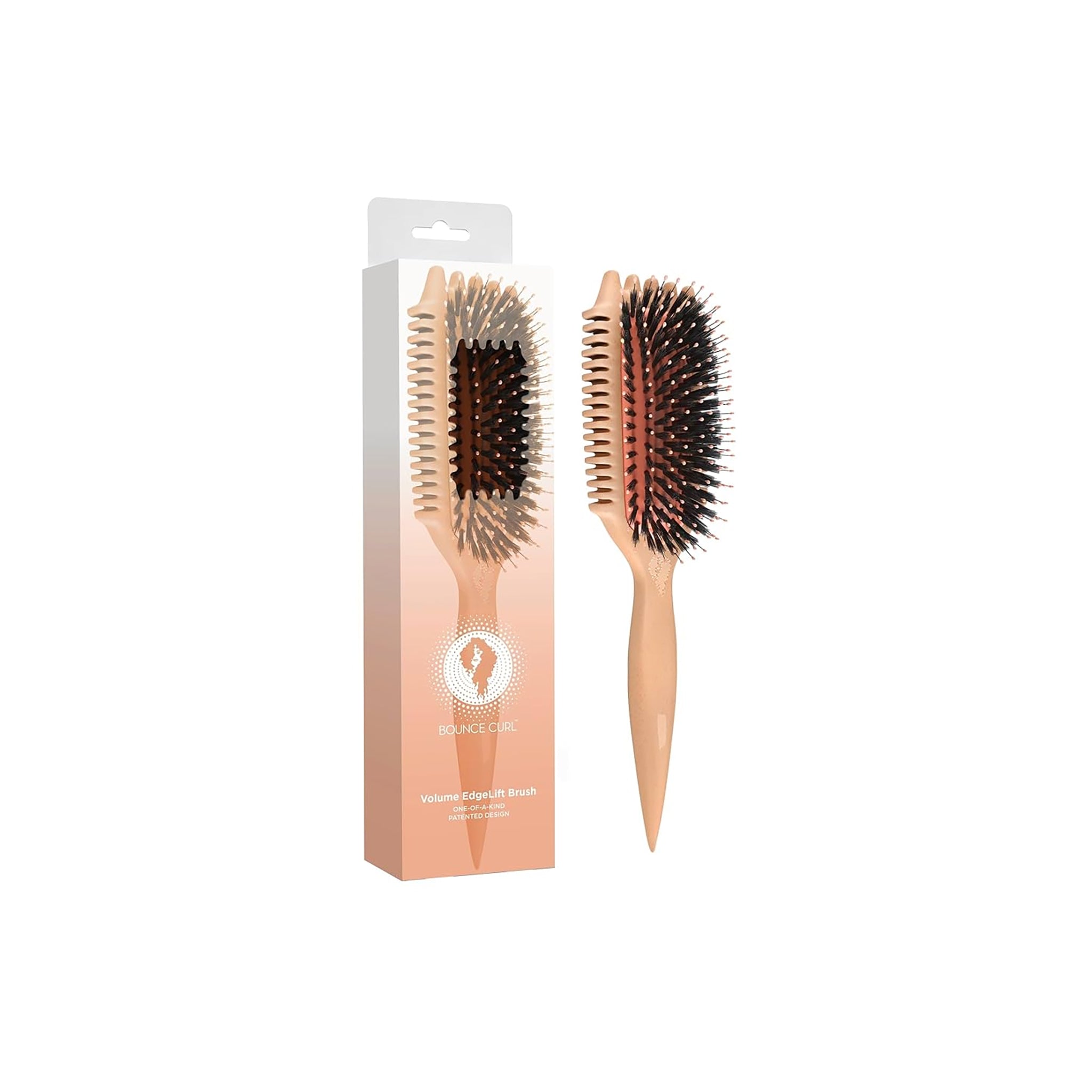 Bounce Curl Volume EdgeLift Brush Peach i ferskenfarve foran tilhørende æske med sort og brun børste i midten.