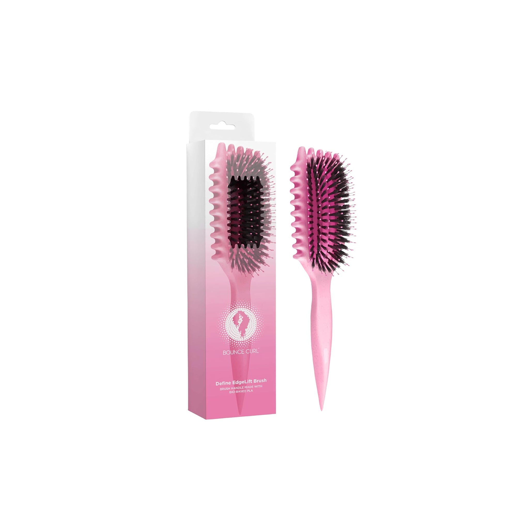 Bounce Curl Volume EdgeLift Brush Pink med ergonomisk håndtag og sorte børstepigge, perfekt til at løfte og forme krøller.