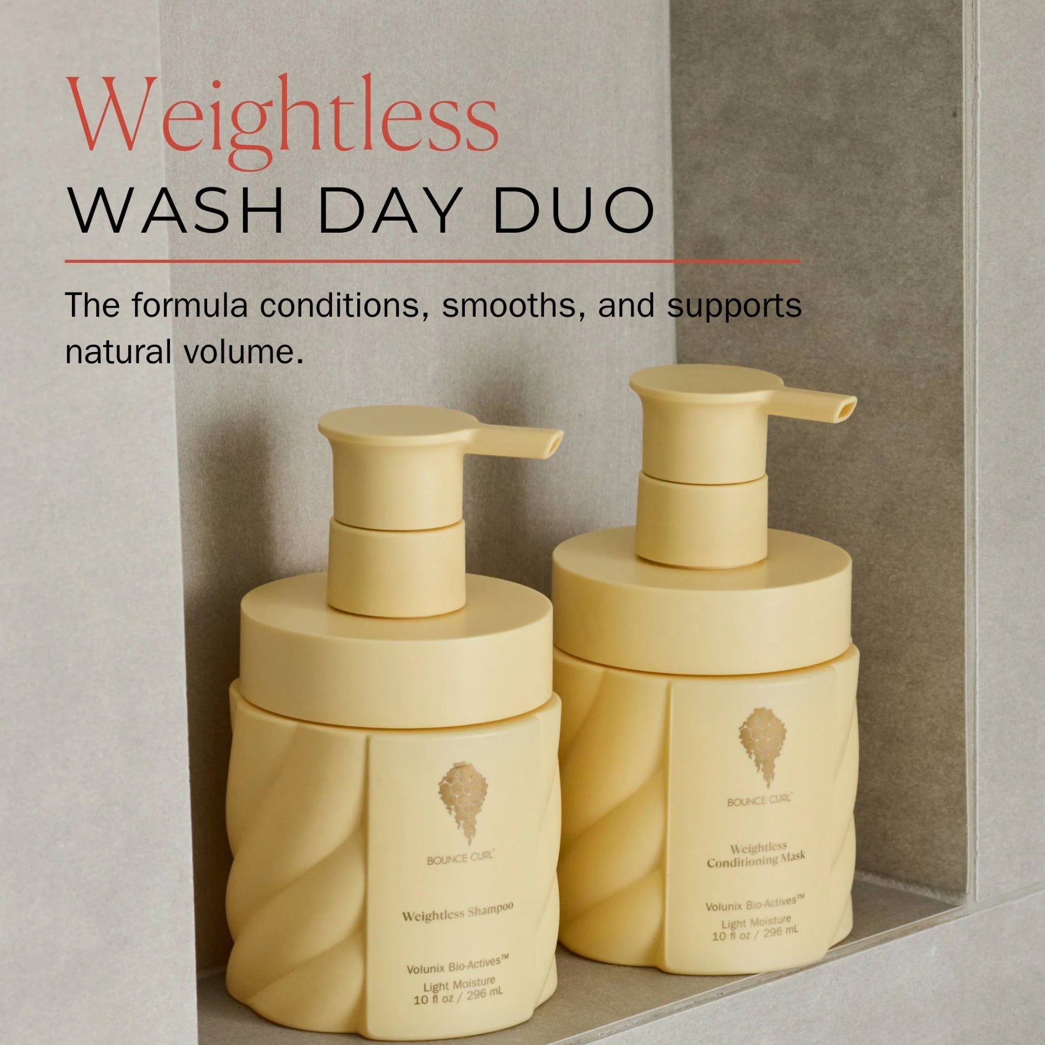 Weightless Wash Day Duo med gul shampoo og conditioning mask fra Bounce Curl, designet til naturligt volumen og let fugt.