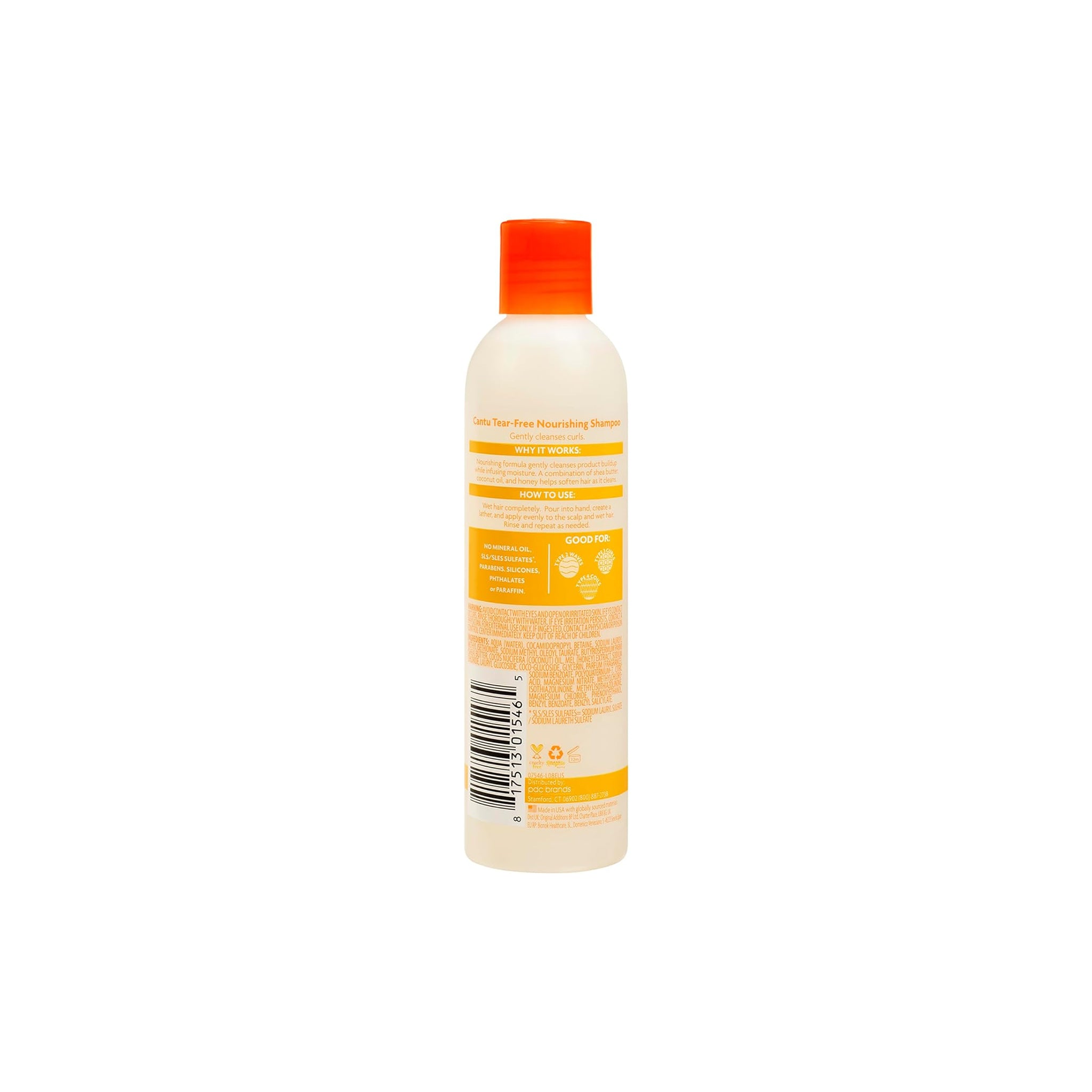 Bagsiden af en hvid flaske med orange låg indeholdende Cantu For Kids Tear-Free Nourishing Shampoo.