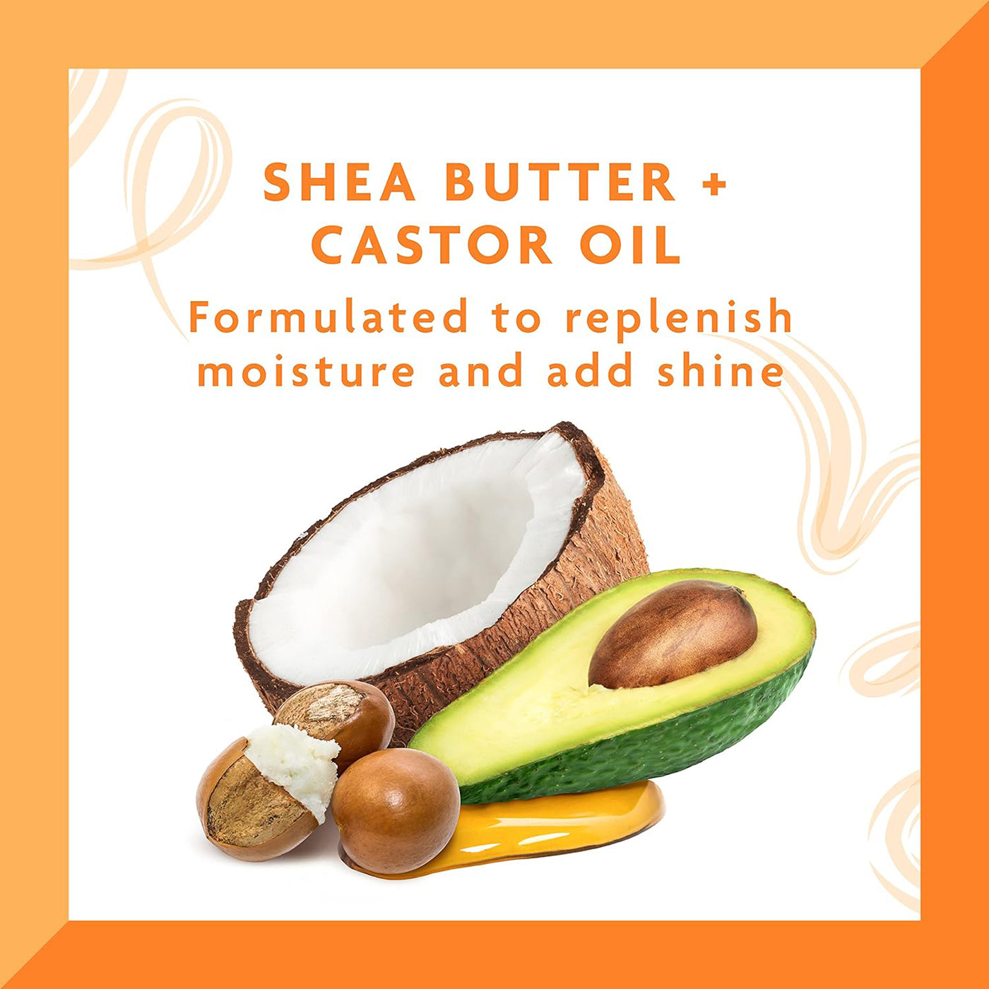 Billede der viser Shea Butter, Castor Oil og avocado, der er ingredienser i Cantu Shea Butter Comeback Curl Revitalizer.